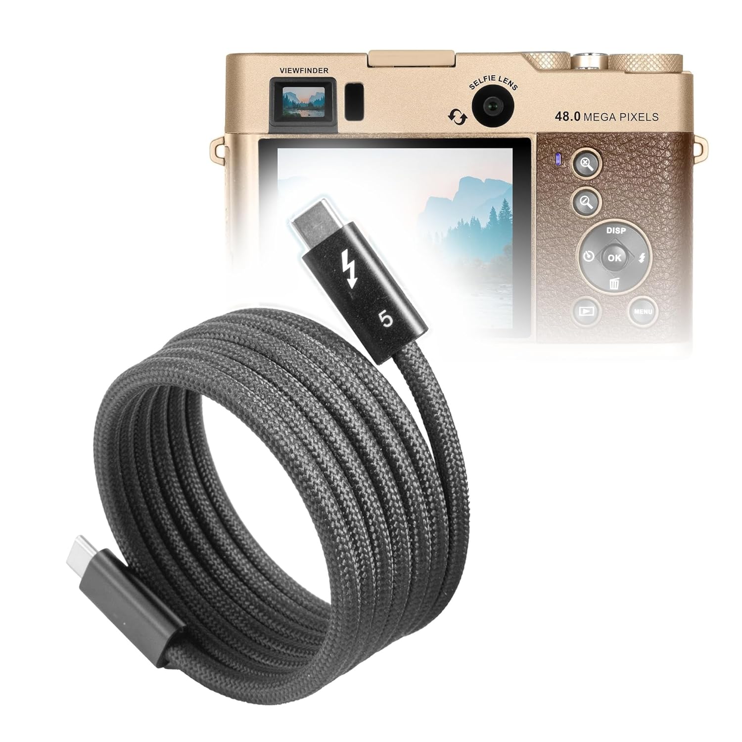 BoxWave Cable Compatible with Minolta MND70 Retro 48 - SnapWrap Thunderbolt 5.0 Cable (5ft 240W), Magnetic Self-Coiling Nylon Braided Retractable - Jet Black