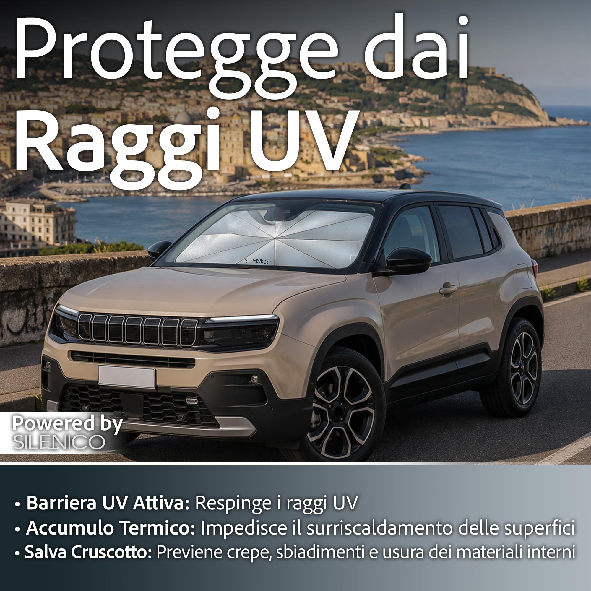 Ombrello Parasole Auto 140x80cm, Parasole Auto Parabrezza Interno con Aste In Fibra Ossea Ultra Flessibili e Manico Pieghevole 360°, Parasole Per Auto, SUV, Camion Piccoli e Medi