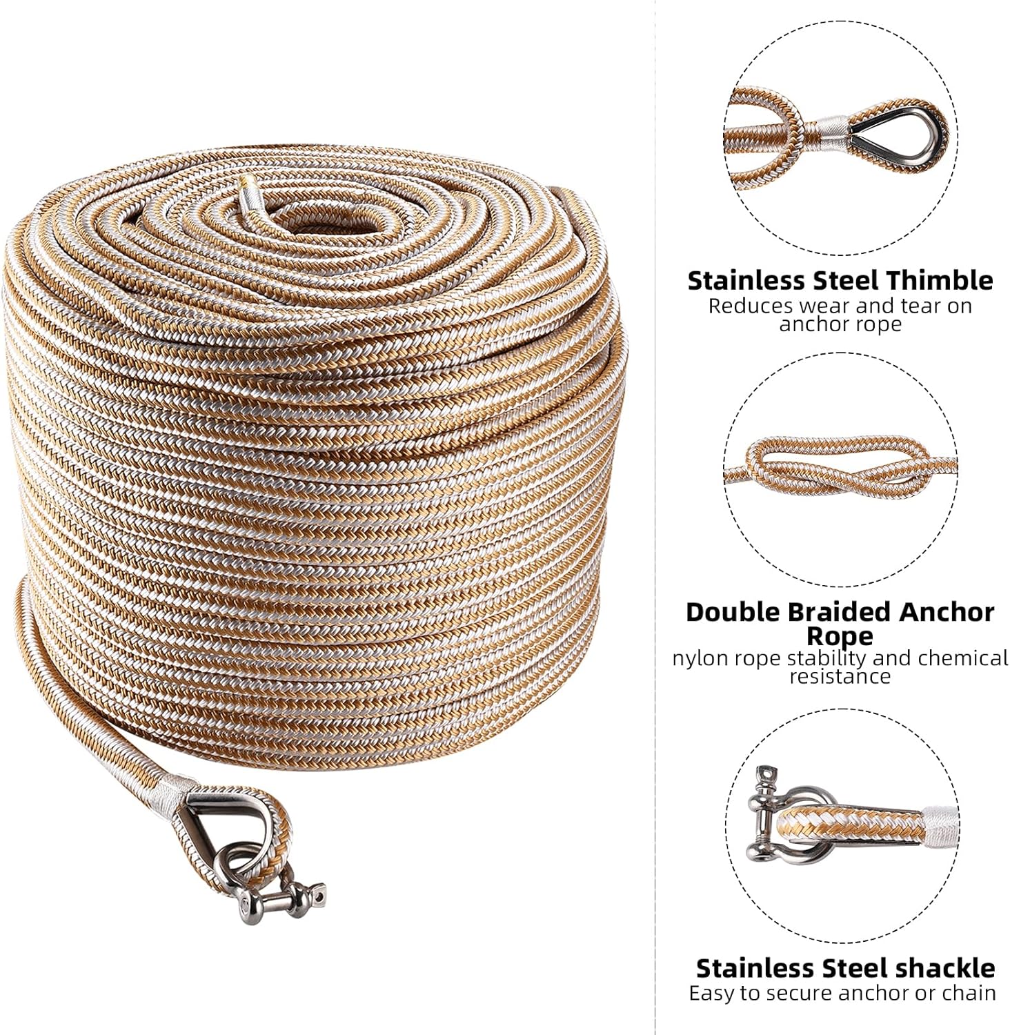 NovelBee Boat Anchor Rope 3/8 Inch x 600 Feet,Double Braid Nylon Anchor Line with Stainless Steel Thimble and Shackle,Heavy Duty Nylon Rope for Boat,Towing,Docking,Mooring (White&Gold)