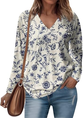 Blusa de moda para mujer para llevar con leggings, blusas con estampado floral, blusa de manga larga, cuello en V, camisas de otoño