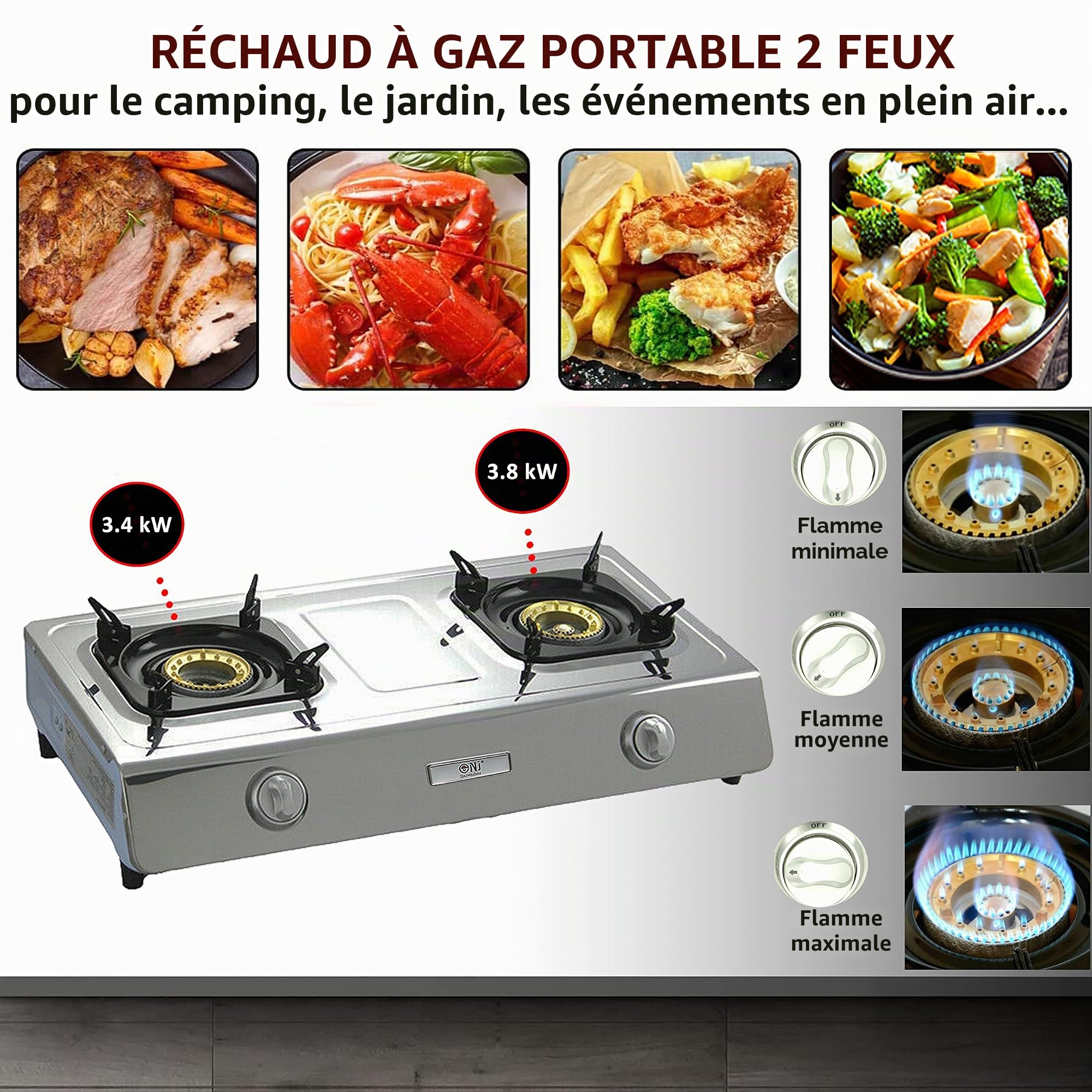 NJ NGB-200 Réchaud de camping à gaz - 2 Brûleurs, Tables de Cuisson Portable GPL 7.2 kW