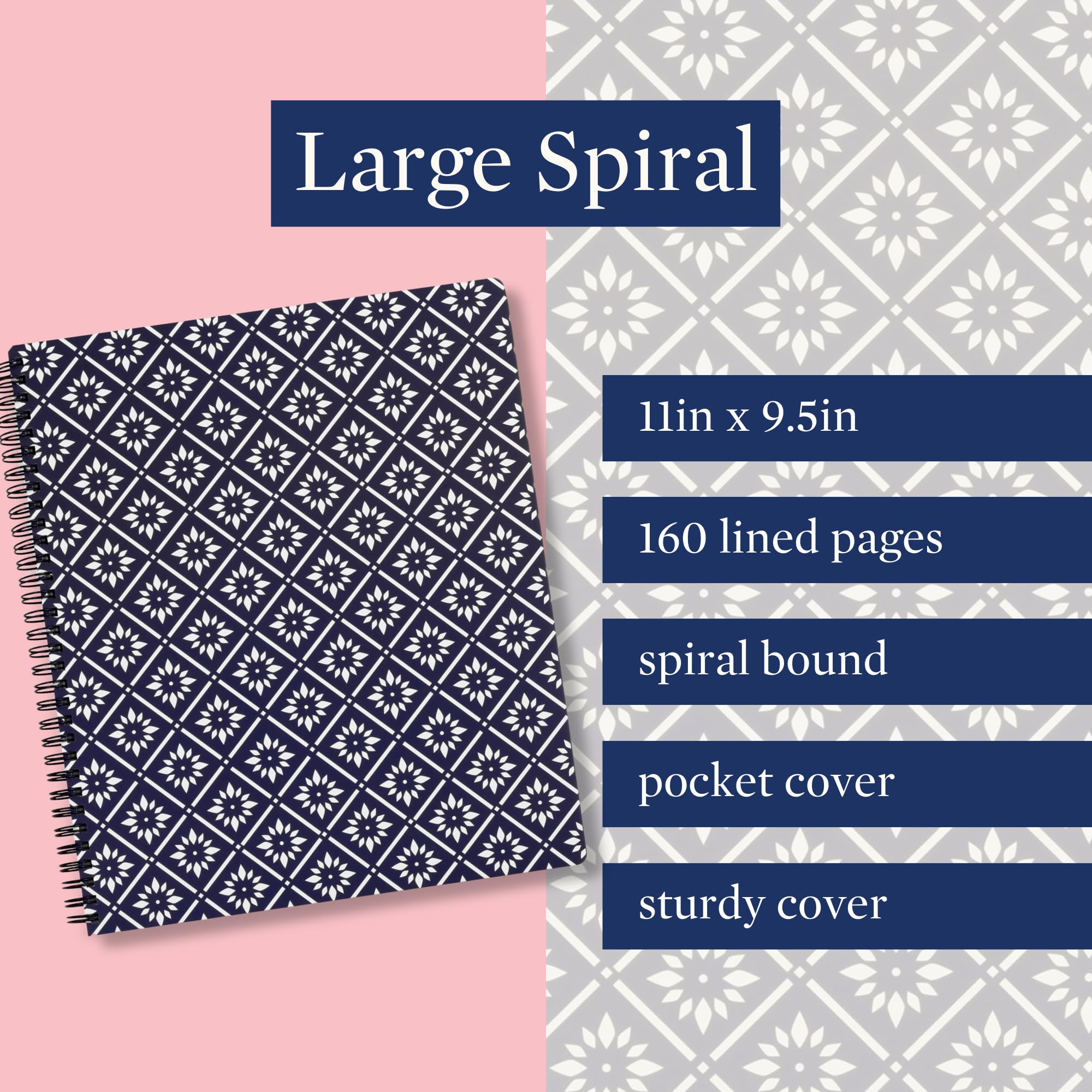 Steel Mill & Co Cute Large Spiral Notebook College Ruled, 11" x 9.5" with Durable Hardcover and 160 Lined Pages (Navy Geo) - Image 2