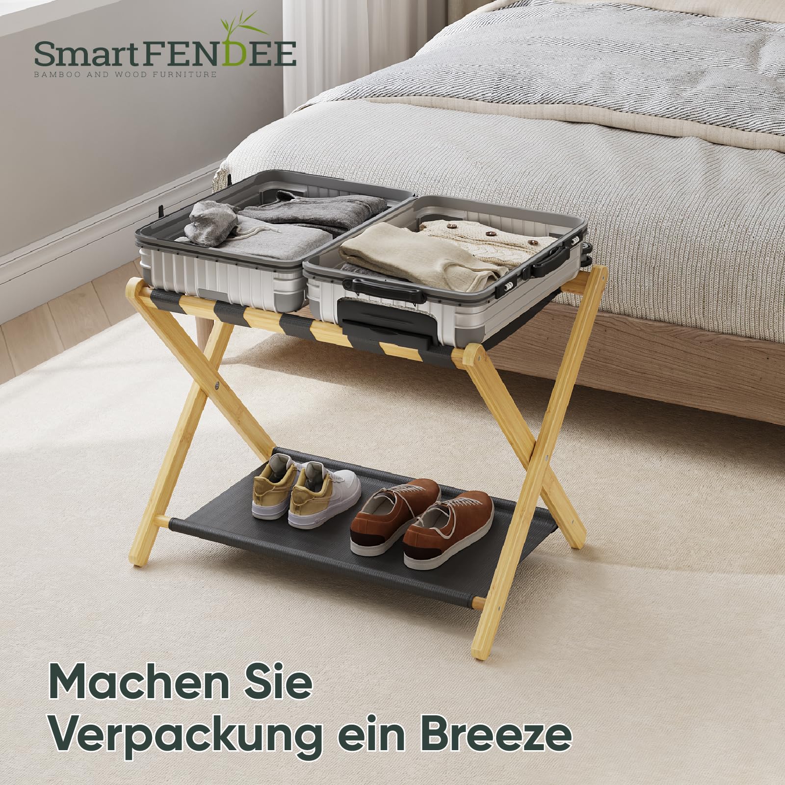 Smart FENDEE Bambus Kofferständer, Faltbarer Gepäckträger mit Stoffablage, Geeignet für die Meisten Gepäckgrößen, Hält bis zu 59 kg, Ideal für Gästezimmer, Hotel, naturfarbe