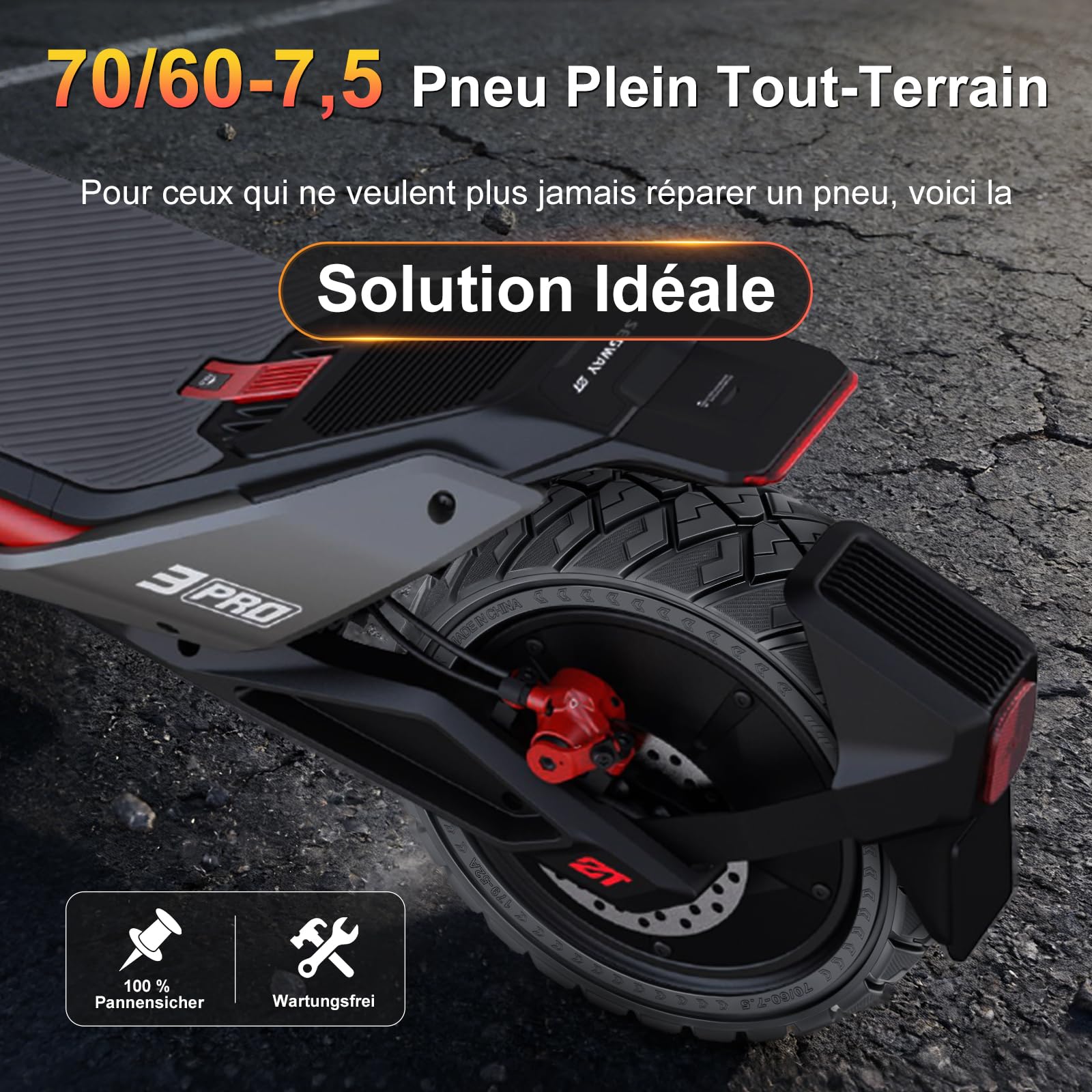 70/60-7,5 Pneu Plein pour Segway ZT3 Pro, ZT3 Pro D et E Trottinettes électriques, Pneus de Remplacement. Pneus Pleins Tout-Terrain Antidérapants, Increvables (Noir, lot de 2)