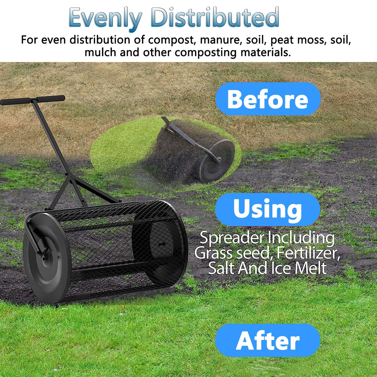Épandeur d'engrais et de Compost en métal pour pelouse et Jardin - Rouleau de Panier en Maille métallique Durable et poignée réglable en T, Noir - 40 cm