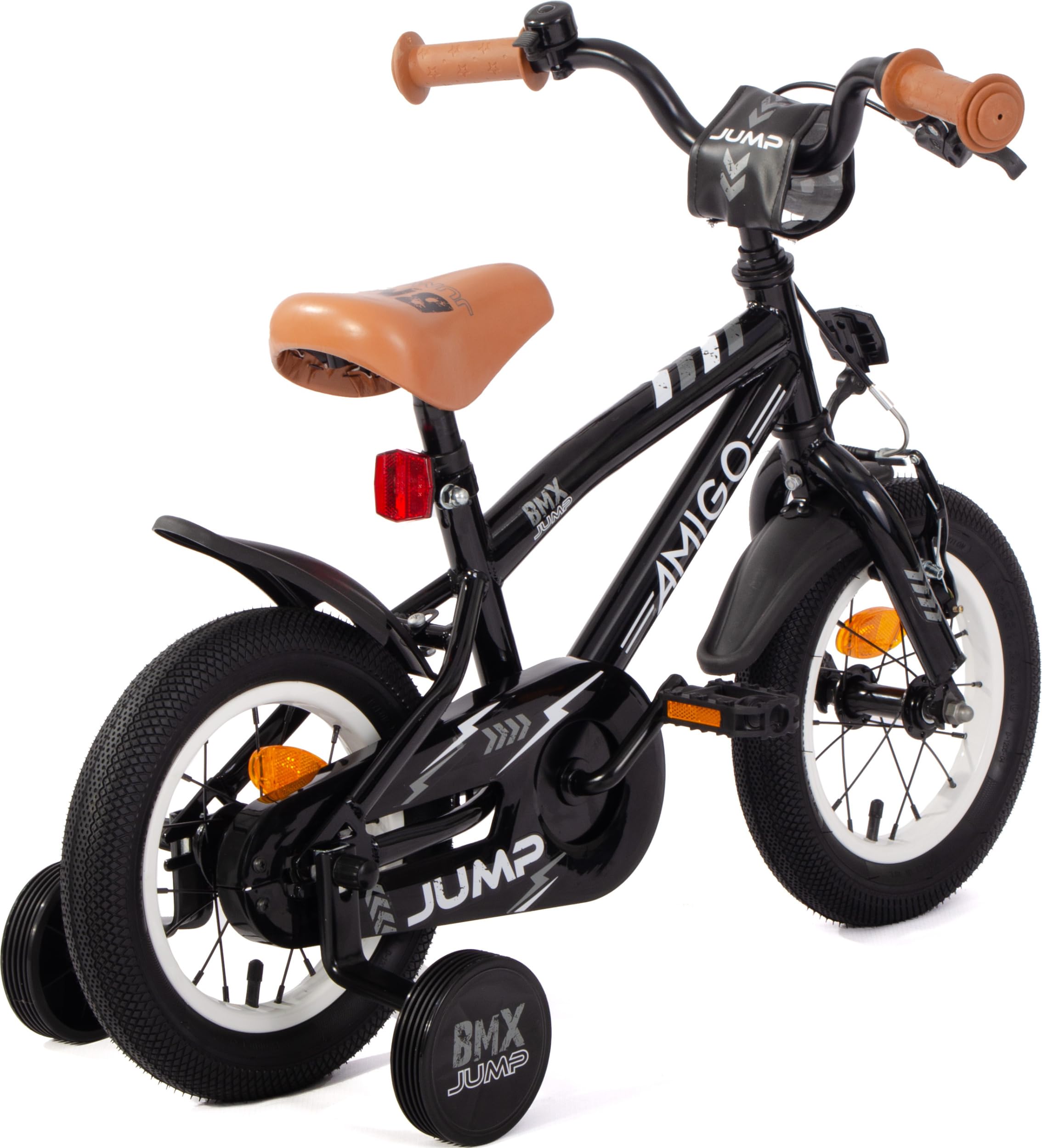 AMIGO BMX Jump - Kinderfahrrad Jungen - 12 Zoll - Mit Rucktrittbremse und V-Brake und Stützräder - ab 3-4 Jahr - Schwarz/Weiß