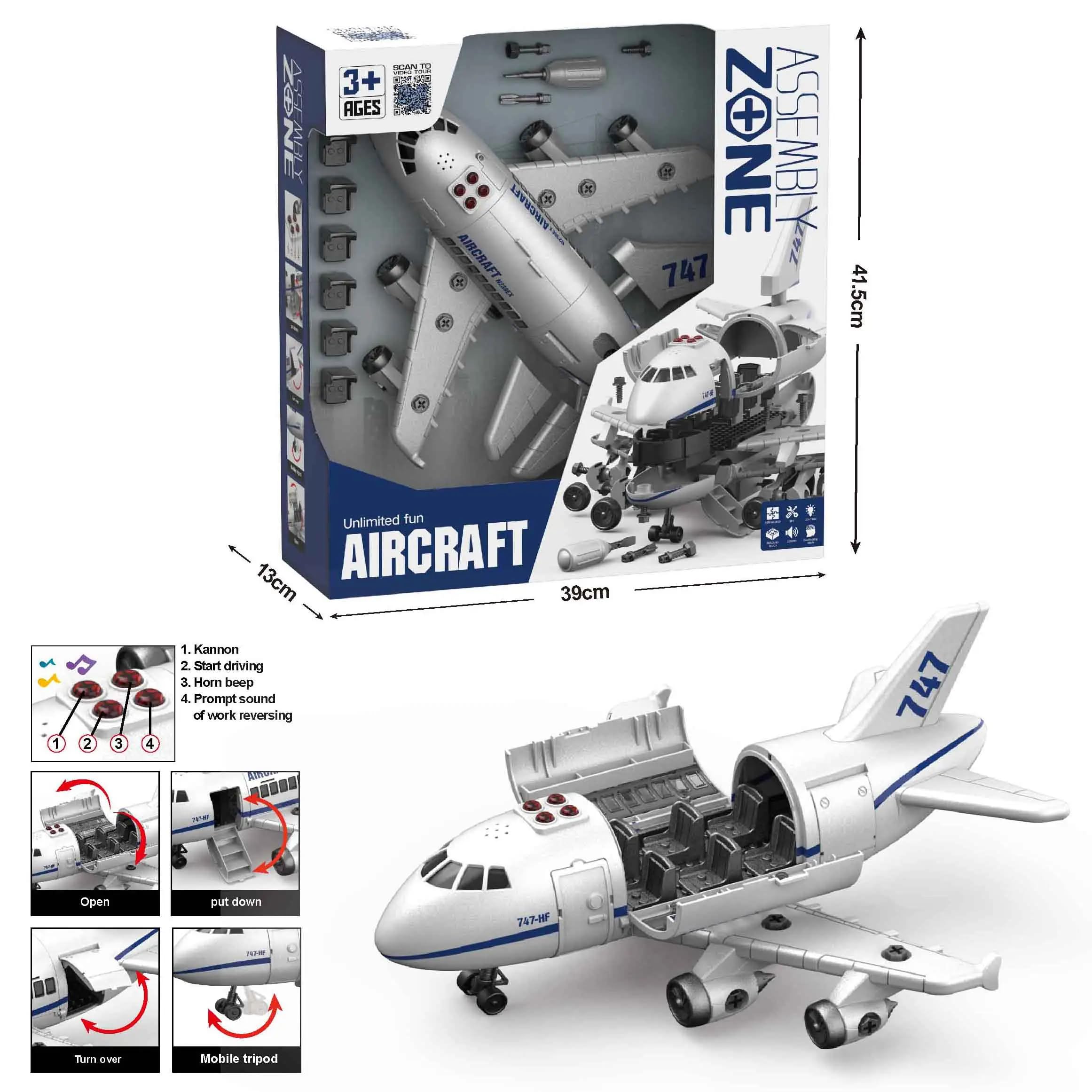 Pihura Large Passenger Airplane Playset with Rotating Wheels, Sound Effects, Lights & Turning Tools for Interactive Play 2