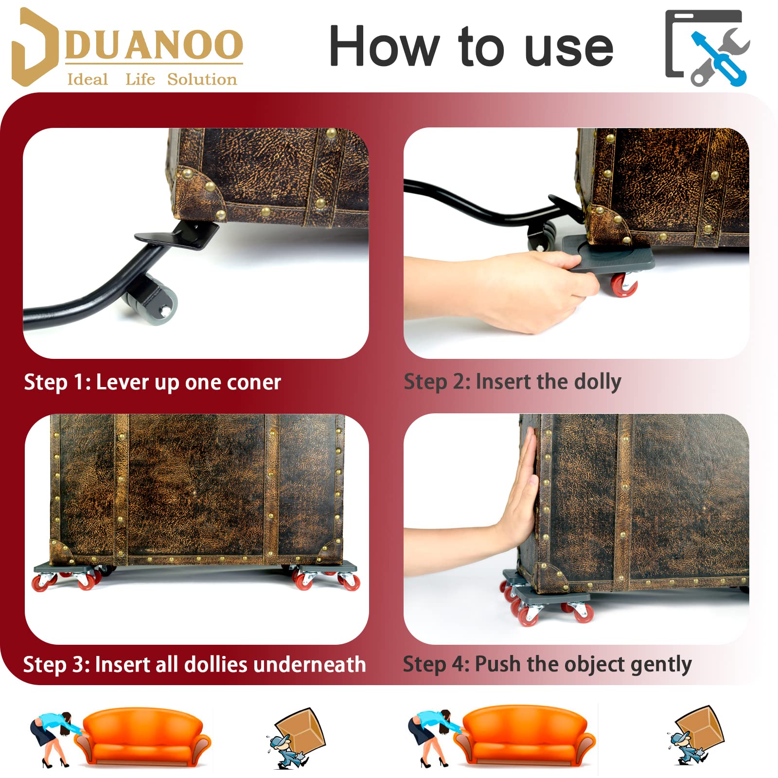kit de déplacer Meubles, lève Meubles Lourds avec Tige d'extension, roulettes durables à Rotation de 360°, Charge 400kg, Déplacement de réfrigérateur, canapé, lit, Armoire, etc.
