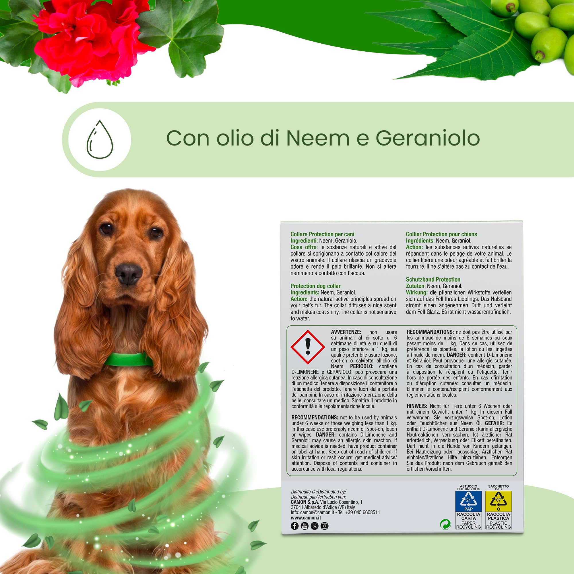 CAMON | Collare Barriera per Cane Olio di Neem, Rilascia Un Gradevole Odore, Resistente all'Acqua, Protezione per Circa 2 Mesi, 60cm
