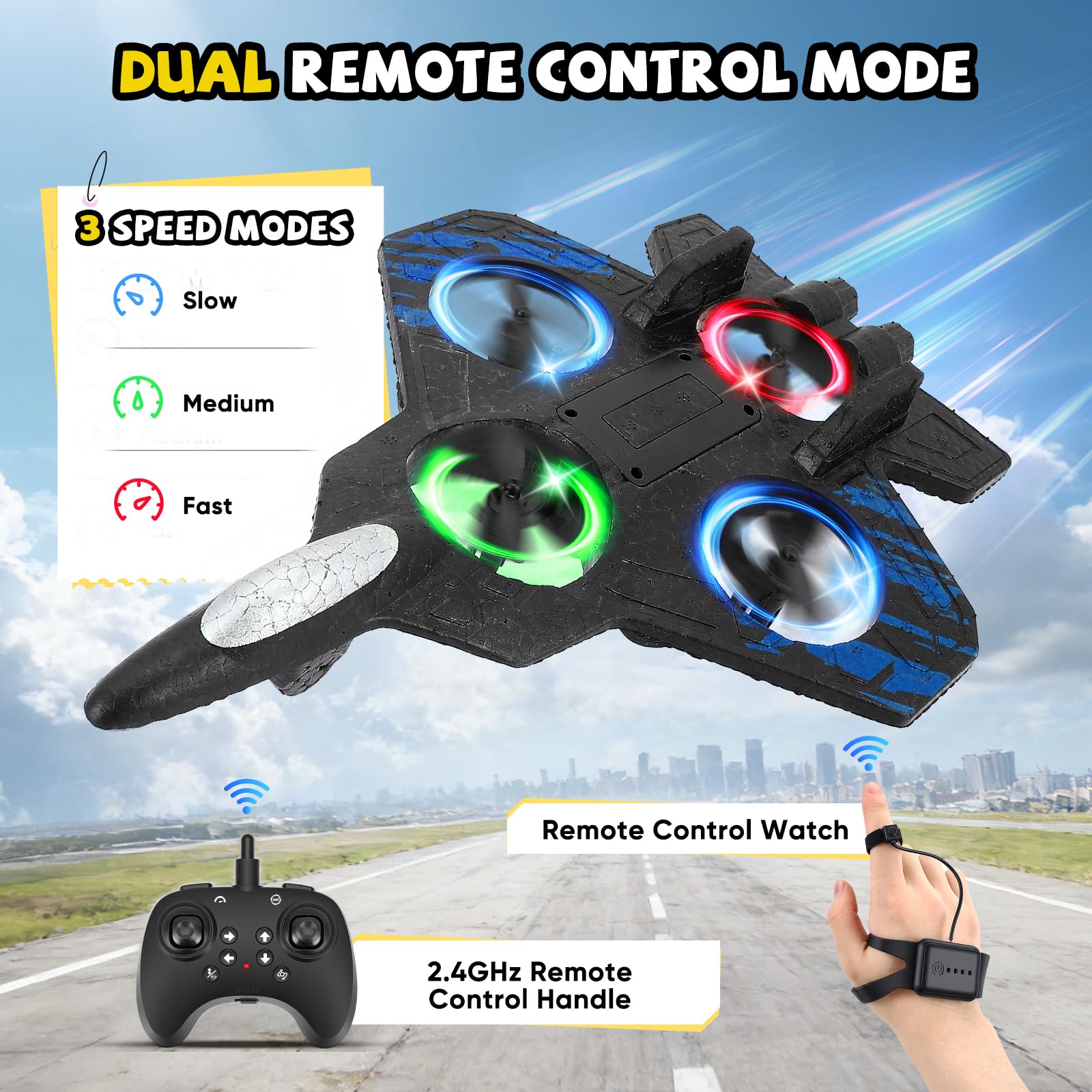 Avión de control remoto, doble control (mando a distancia y mando a mango), RC Avión 360° Rotación, 3 velocidades, con luz LED y hélice de repuesto, avión exterior para niños (azul)