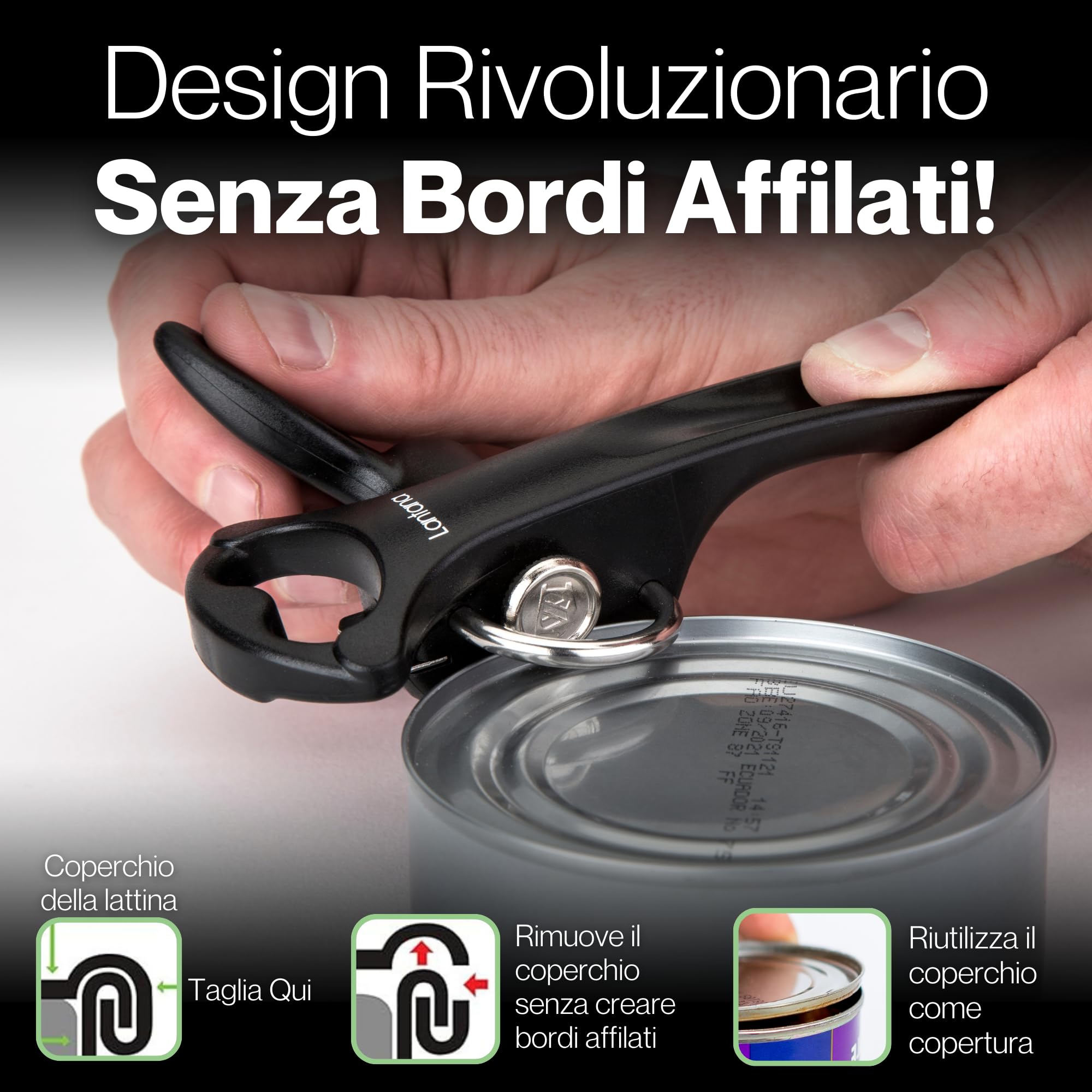 Apriscatole e apribottiglie 2 in 1 in acciaio inox nero bordi non affilati