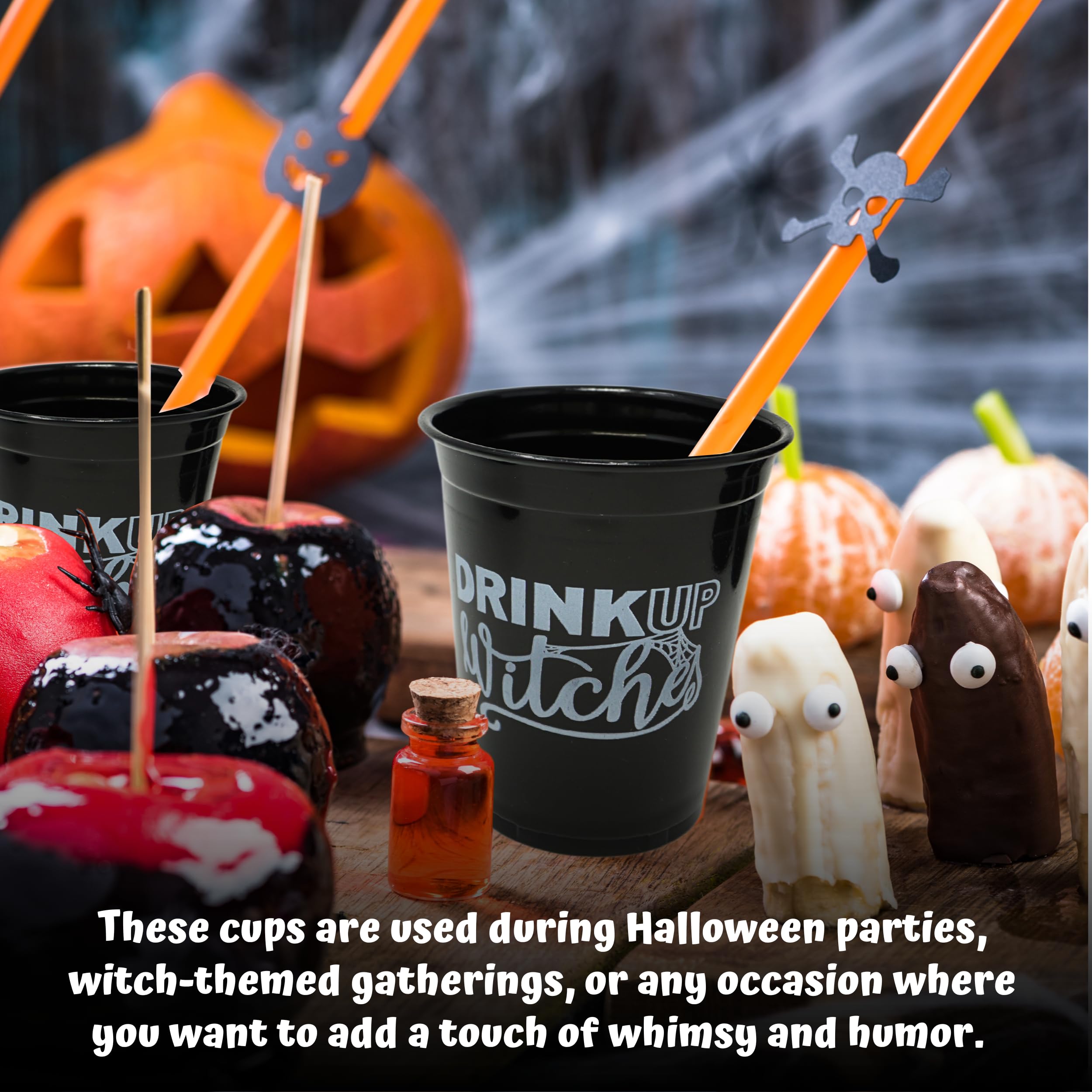 50 Pack Pink & Green Witch Party Cups 13.5 Oz - Disposable Paper Cups With Lids & Straws For Halloween Birthday