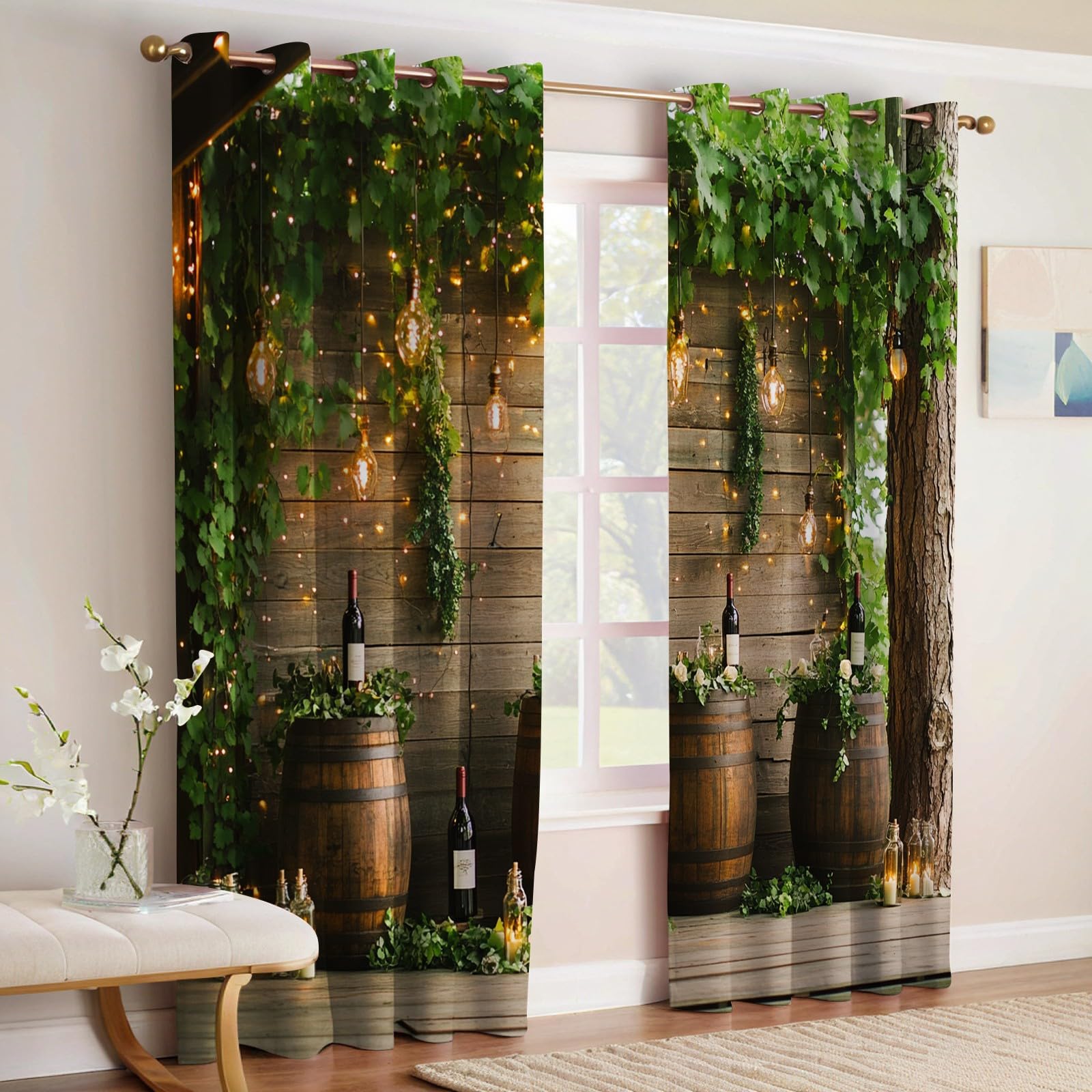Thermovorhänge Blickdicht Verdunkelung Lichterketten und Holzfässer mit Ösen, Energiesparende Gardinen Grün mit Wärmeschutz für Wohnzimmer Kinderzimmer, 2er Set H245 x B140 cm