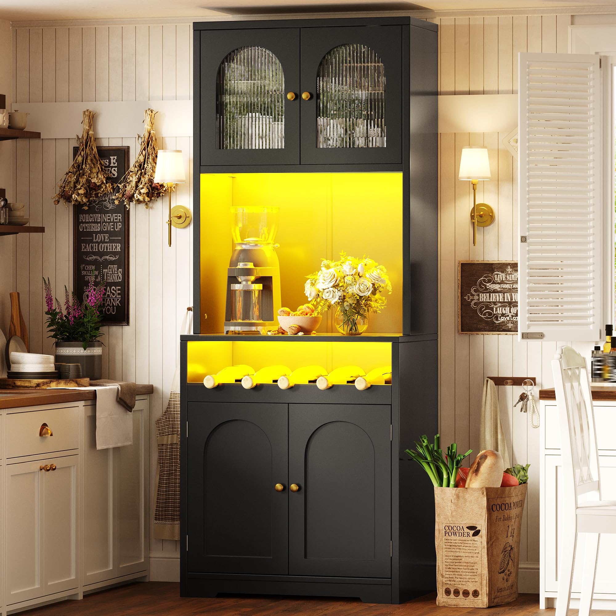 180cm Hoch Küchenschrank mit LED Beleuchtung & Weinregal, Schwarz