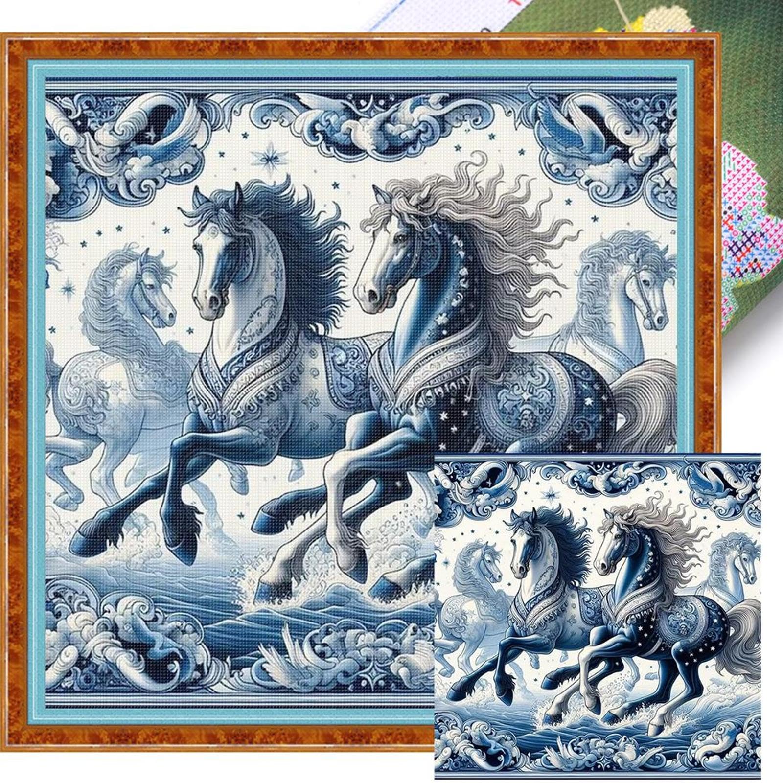 HTU Horse Printed Cross Stitch Kit 50x50cm DIY 11CT Embroidery Craft Set Home Decor (Horse)