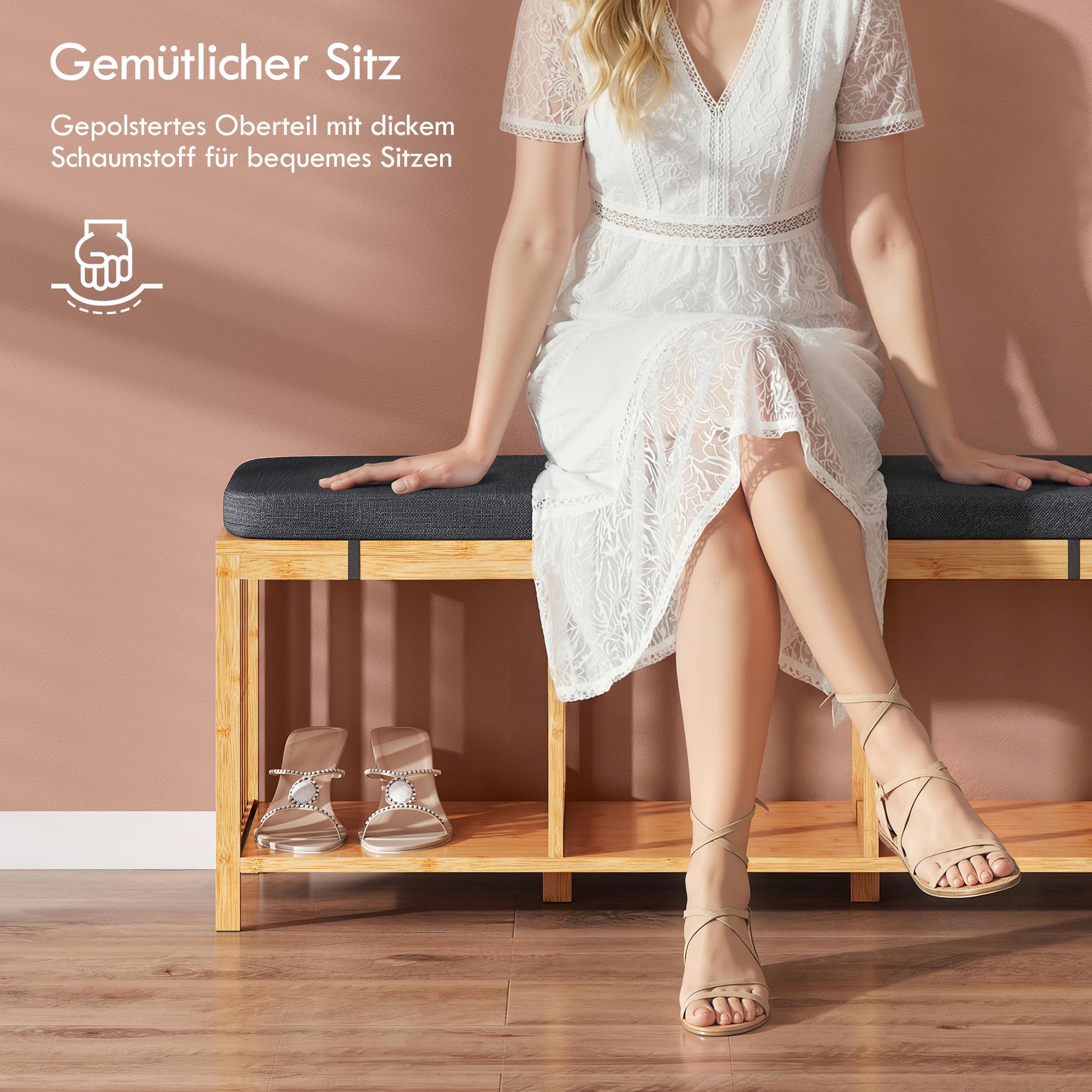 HOMCOM Schuhbank mit Sitzfläche mit Stauraum 102 x 33 x 45 cm Naturholz | Schuhregal, Sitzbank aus Bambus mit Offener Ablage, Leinenoptik, für Flur und Eingangsbereich