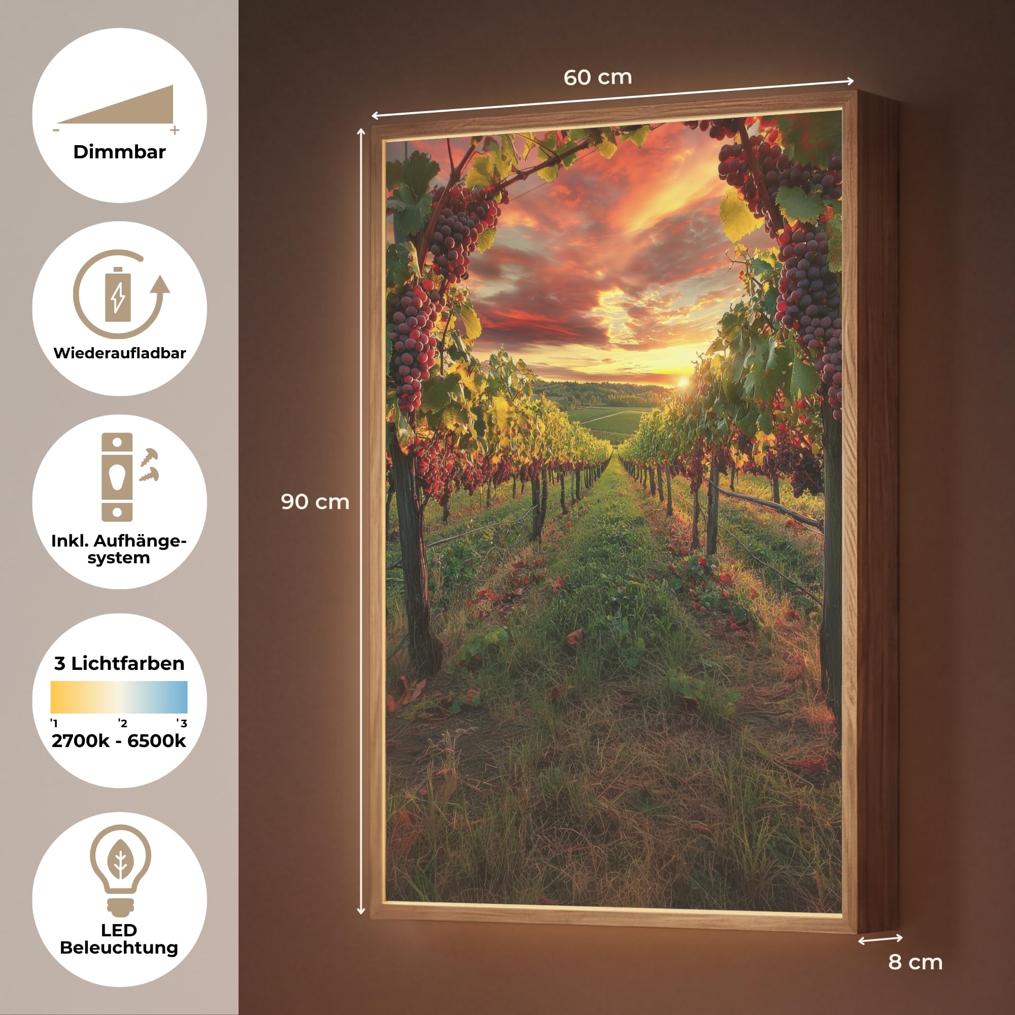 LED Lampe Wand Innen 60x90 cm Aufladbar Wall Light Wandlicht Wohnzimmer Wandlampe Dimmbar Wandlampen Wandlichter Schlafzimmer Beleuchtung Leuchte Weinberg - Weintrauben - Sonnenuntergang