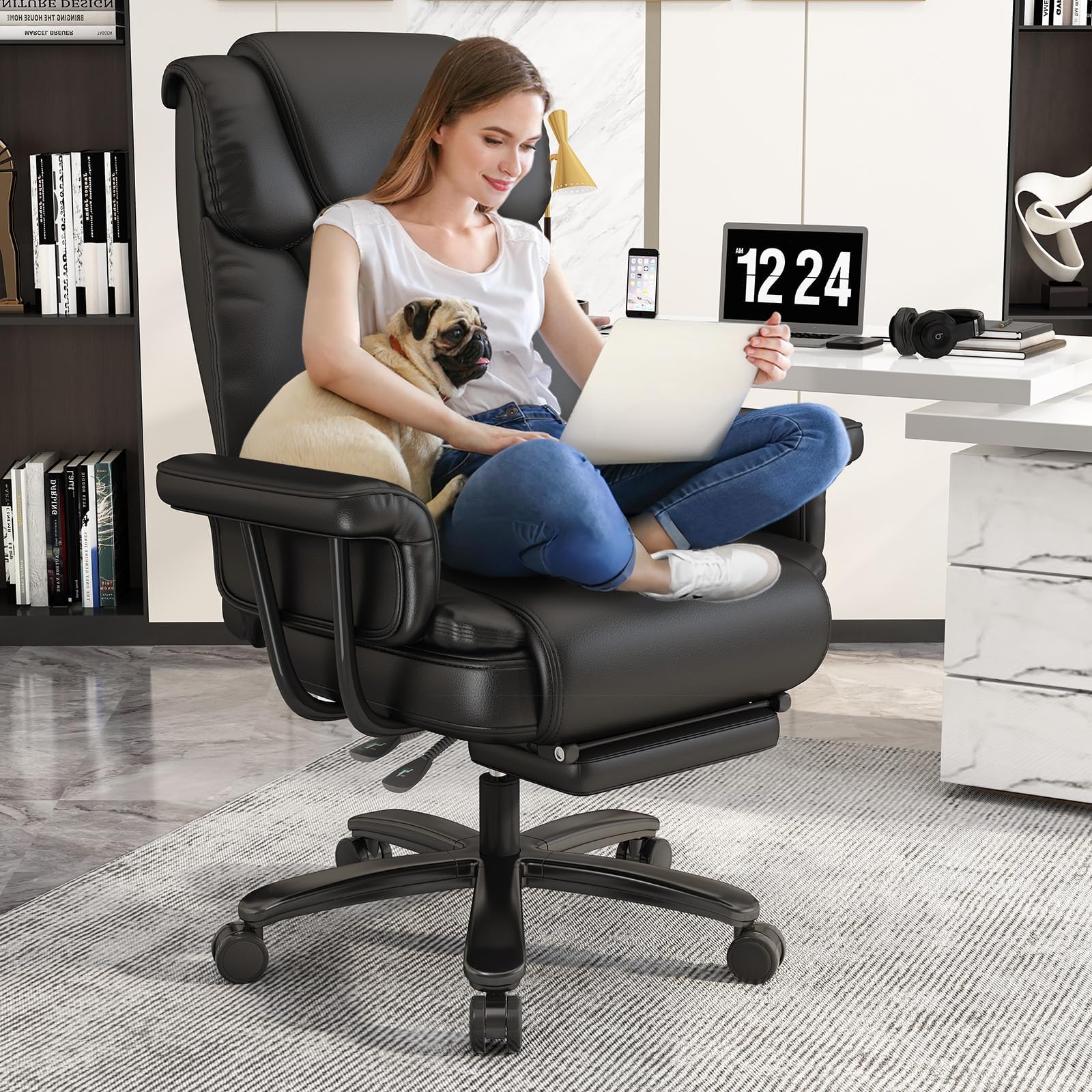 GYI Criss Cross Chair with Wheels, 160° Big and Tall Reclining Office Desk Chair with High Back, Wide Seat, Arms, Footrest, Black