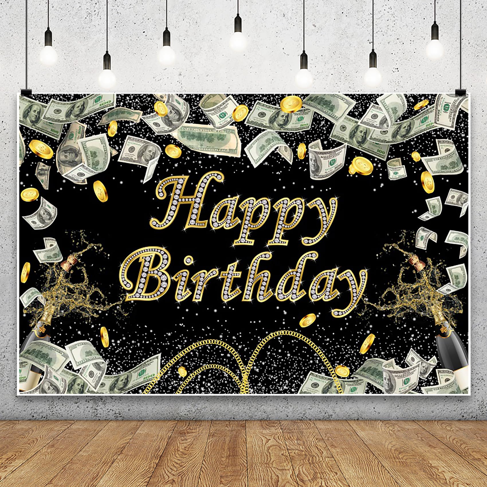 Renaiss 5x3ft Money Black Gold Dollar Bill Birthday Banner Champagne Diamond Dollar Coins Casino Party Decor Photo Booth Props