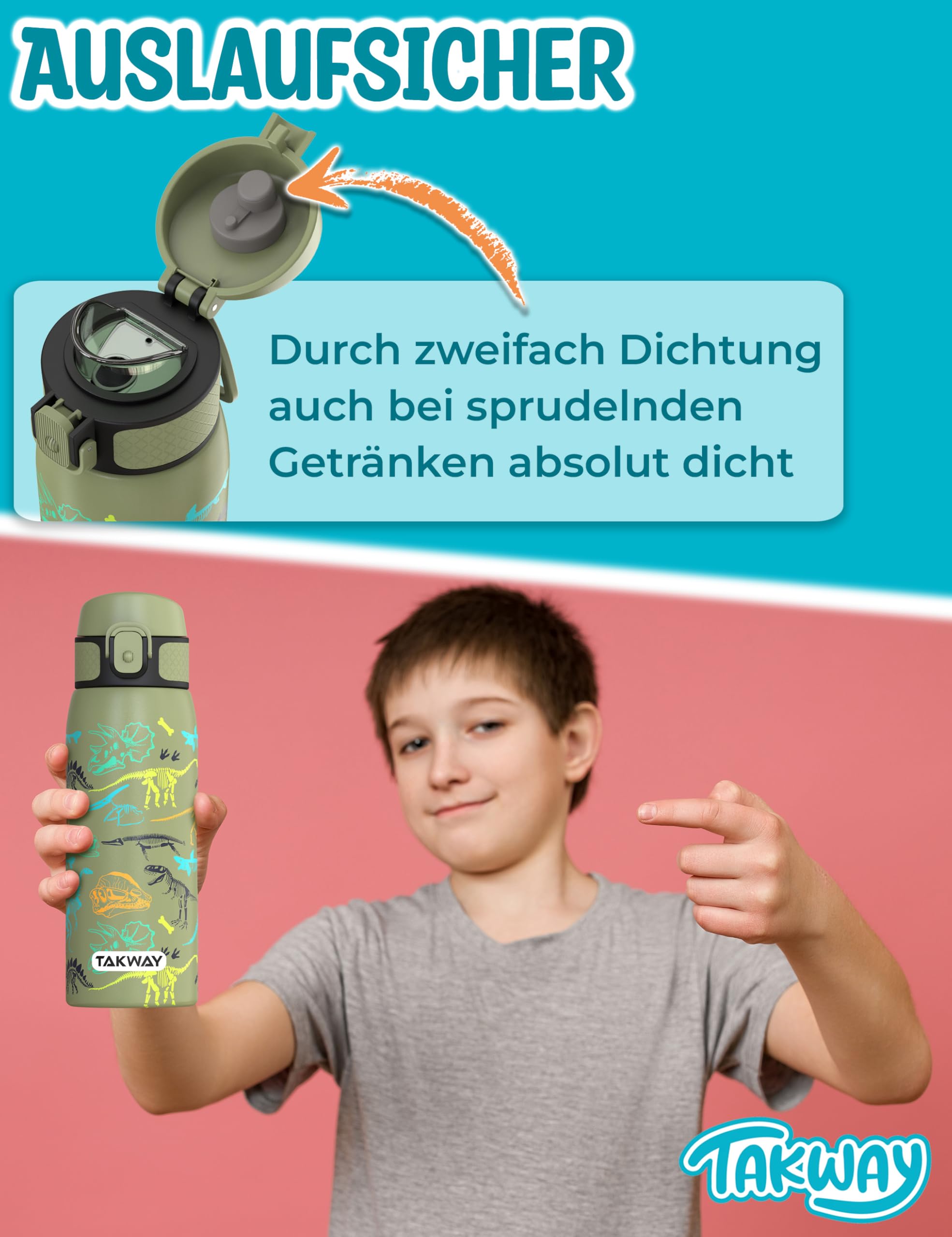 Edelstahl Trinkflasche Kinder 550ml - Auslaufsicher, isoliert und Kohlensäure geeignet - Flasche für Schule, Sport (Dinosaurier)