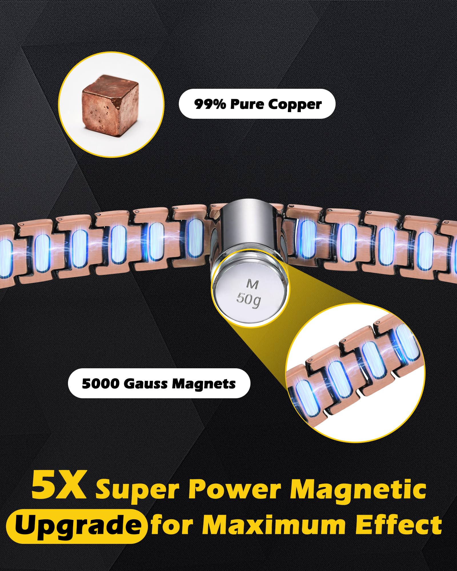 HHRFCS Kupferarmbänder für Männer, 3X Magnetarmbänder für Männer mit extrem starken Magneten, einstellbare Größe und Schmuck-Geschenkbox
