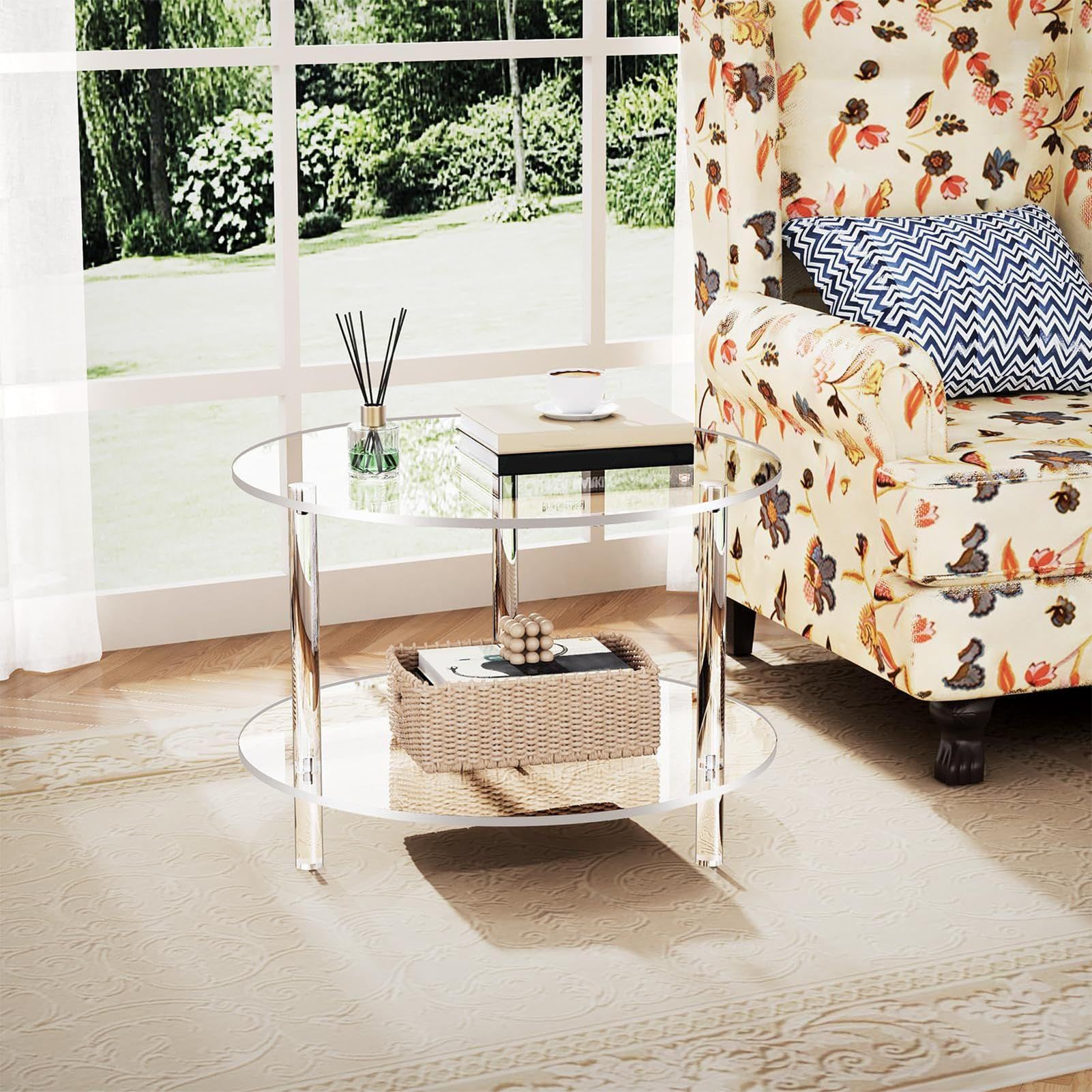 Tavolino da Caffè Rotondo Tavolo Da Tè A 2 Livelli | 39.9 x 39.9 x 41.9 cm Comodino in Acrilico Trasparente, Arredamento Moderno per Studio Camera da Balcone Giardino