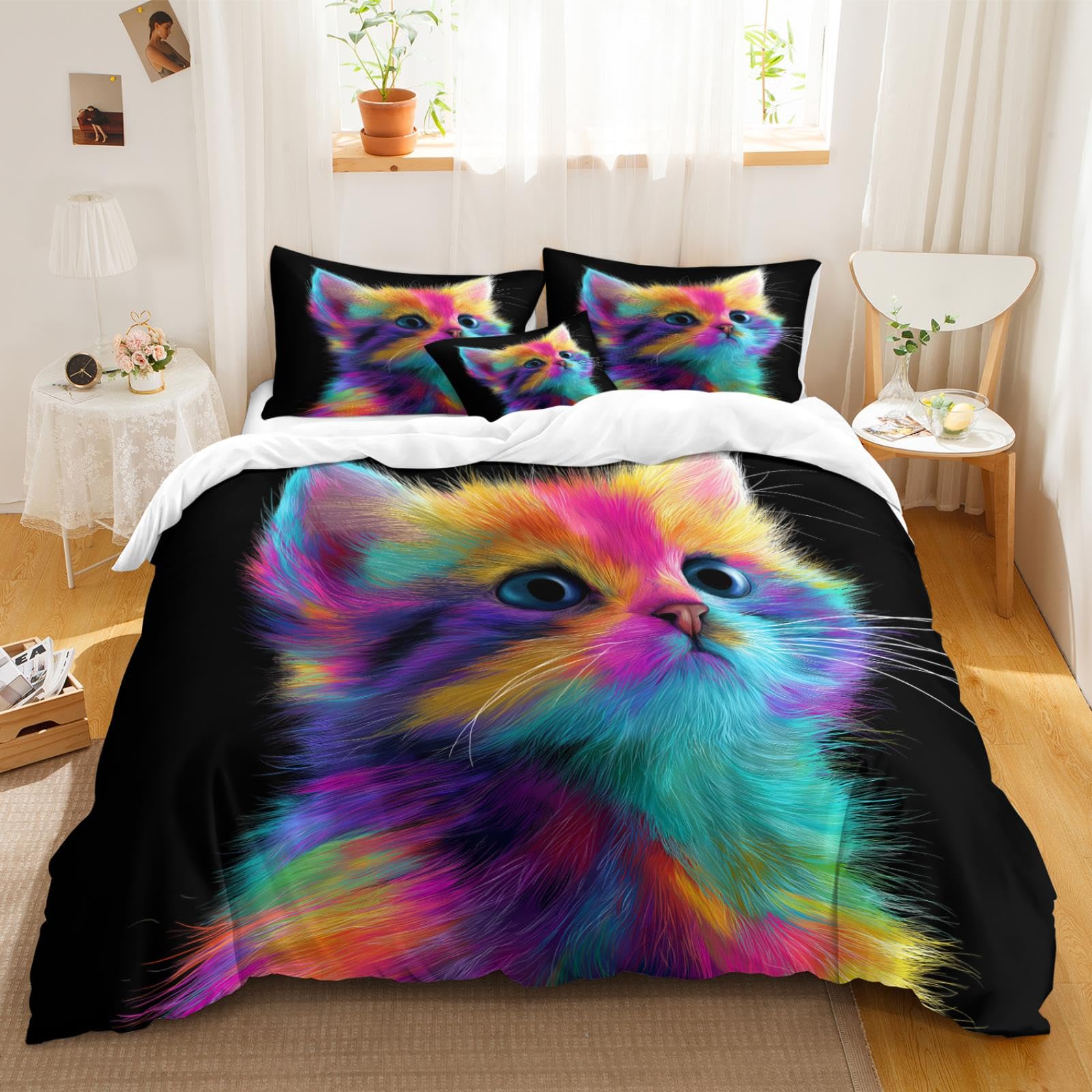 Housse de couette chat 240x260 anti-pliage parure de lit microfibre facile à laver