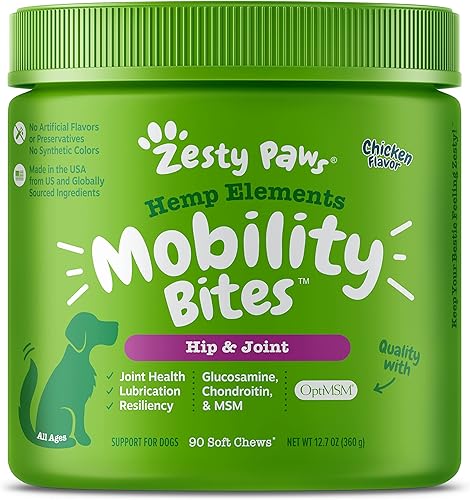Glucosamina para perros con cáñamo, suplemento para perros de cadera y articulaciones con condroitina, curcumina, cúrcuma orgánica y MSM + Omega 3,
