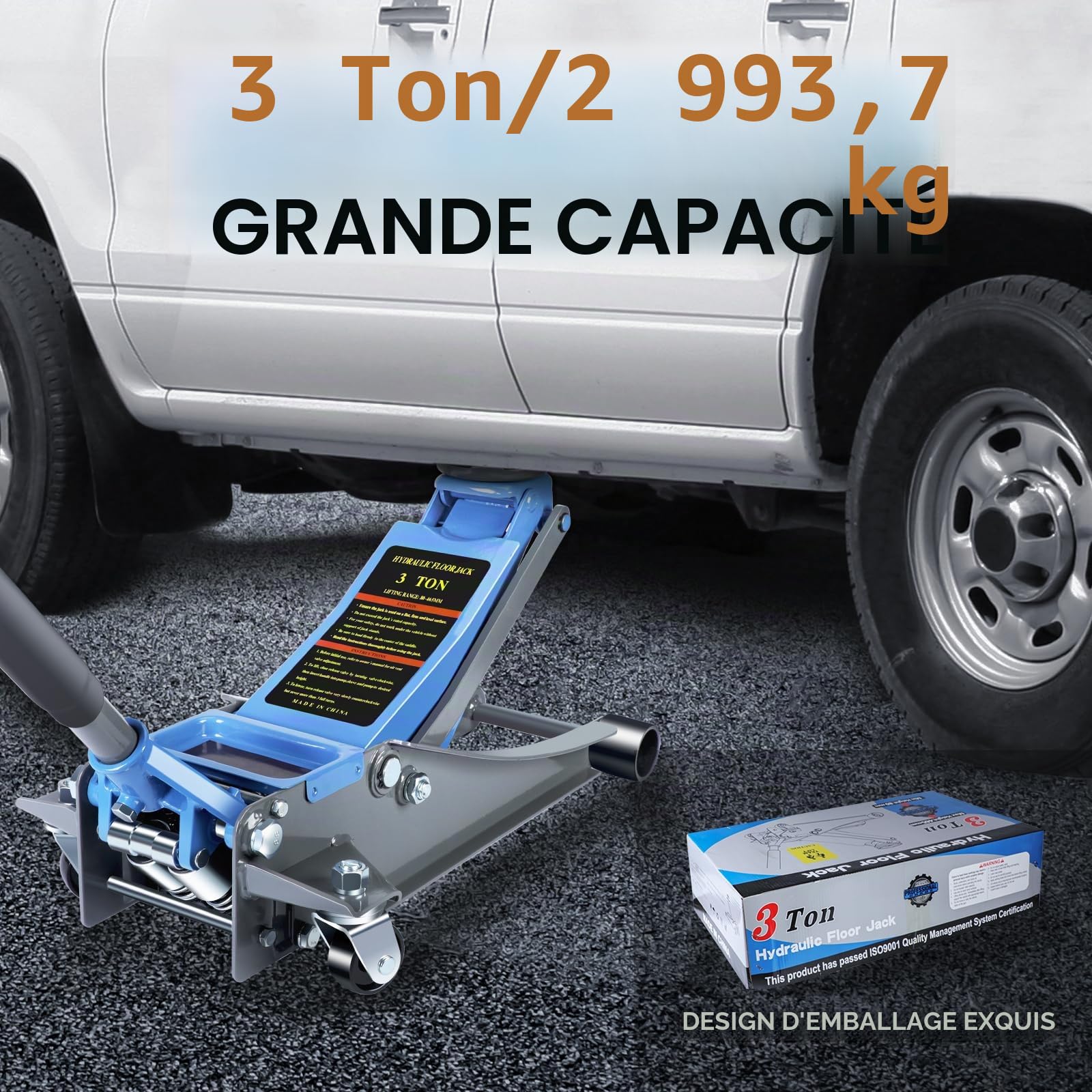 LARBANKE Cric hydraulique à profil bas de 3 tonnes pour voiture, construit en aluminium et acier durables, cric de sol avec double système de pompe pour un levage rapide, capacité de 2993,7 kg, plage