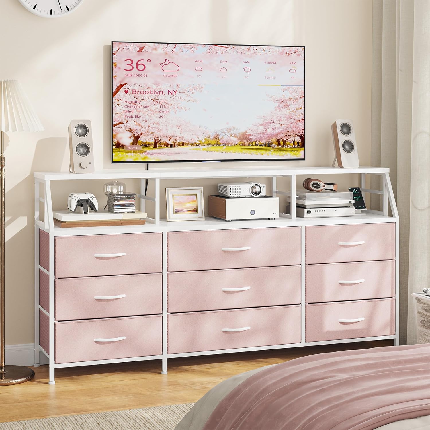 Homkdom Pink Dresser for Bedroom with Fabric Drawers, Long TV Stand Dressers & Chests of Drawers, 55.12" W TV Stands for Living Room, Entertainment Center with Wooden Shelves, 55.12"W×11.38"D×35.45"H
