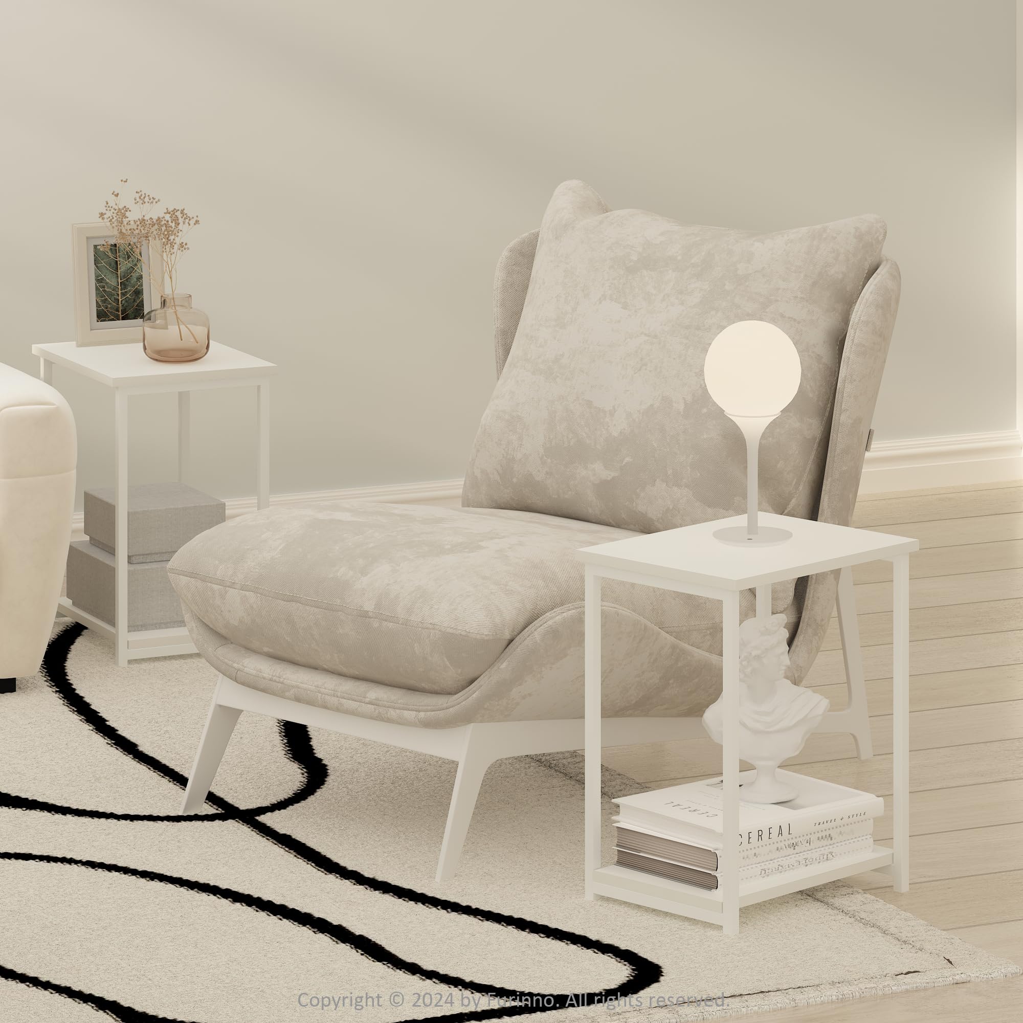 Furinno SIMPLISTIC Tavolino Laterale Set Di 2, Tavolino Da Divano Con Struttura In Metallo A 2 Ripiani Con Ripiano Aperto, Comodino, Bianco
