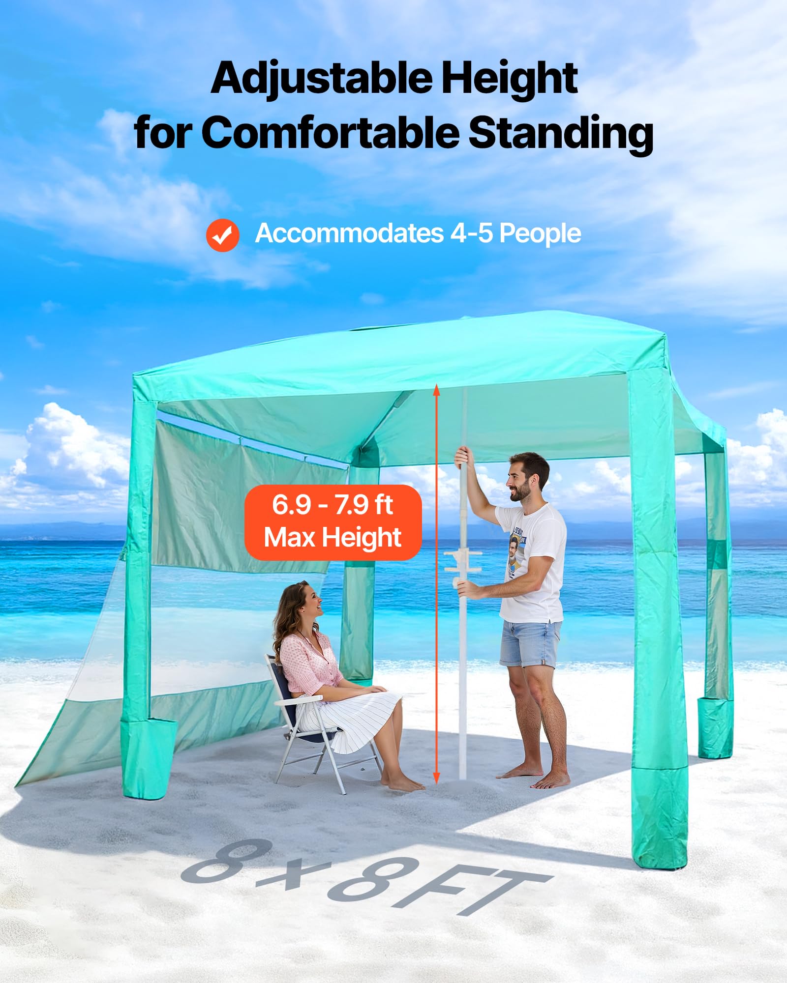 VEVOR Namiot plażowy 2400 x 2400 x 2400 mm, ze ścianą boczną, łatwy montaż, z kieszeniami na piasek, przenośny parasol przeciwsłoneczny z regulacją wysokości dla rodziny i przyjaciół, zielony