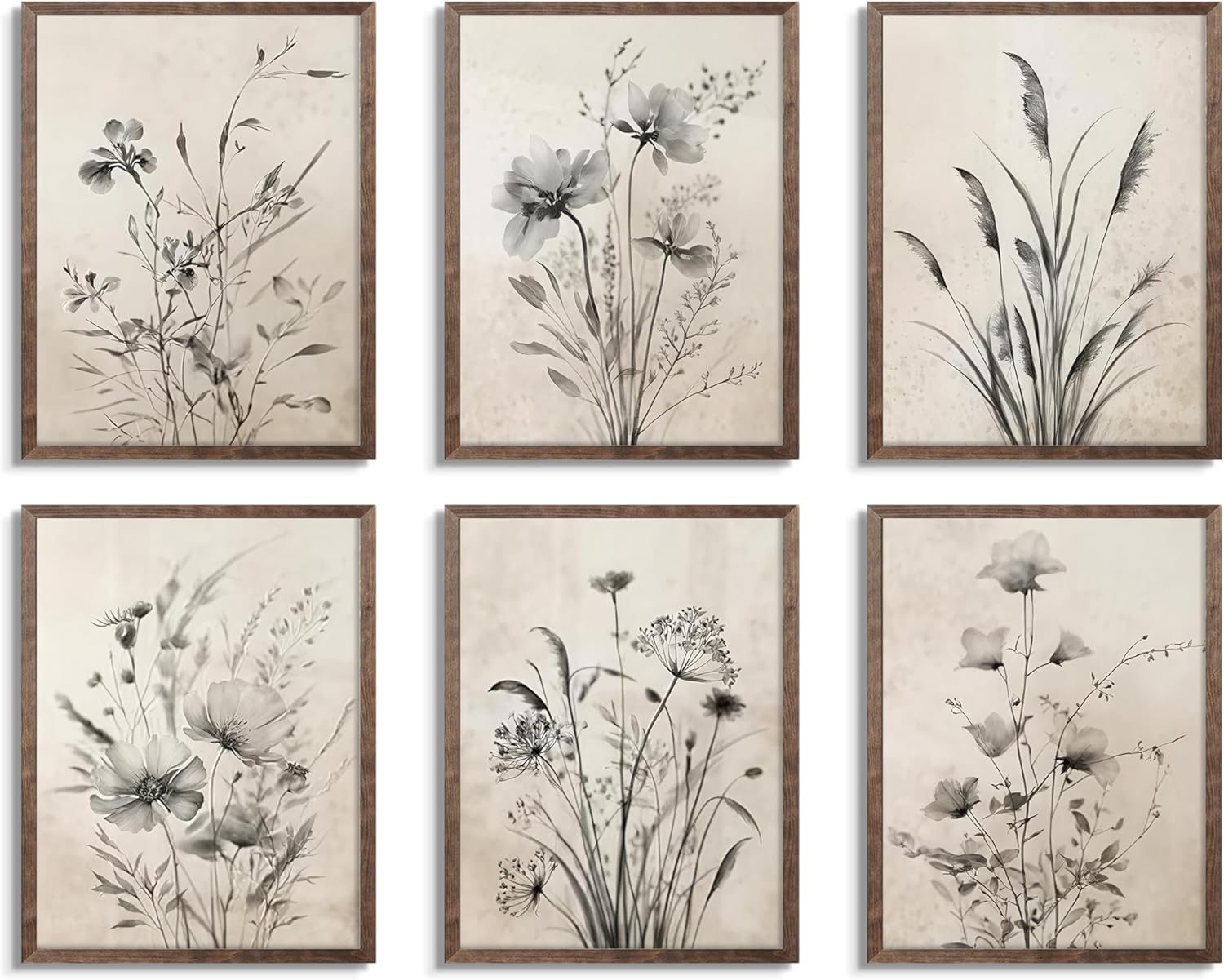 Zeredi Vintage Boho Botanical Wall Art Set of 6 - Black White Flower Prints, 8x10 Unframed Canvas for Farmhouse Bedroom Living Room Decor