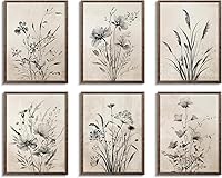 Zeredi Vintage Boho Botanical Wall Art Set of 6 - Black White Flower Prints, 8x10 Unframed Canvas for Farmhouse Bedroom Living Room Decor