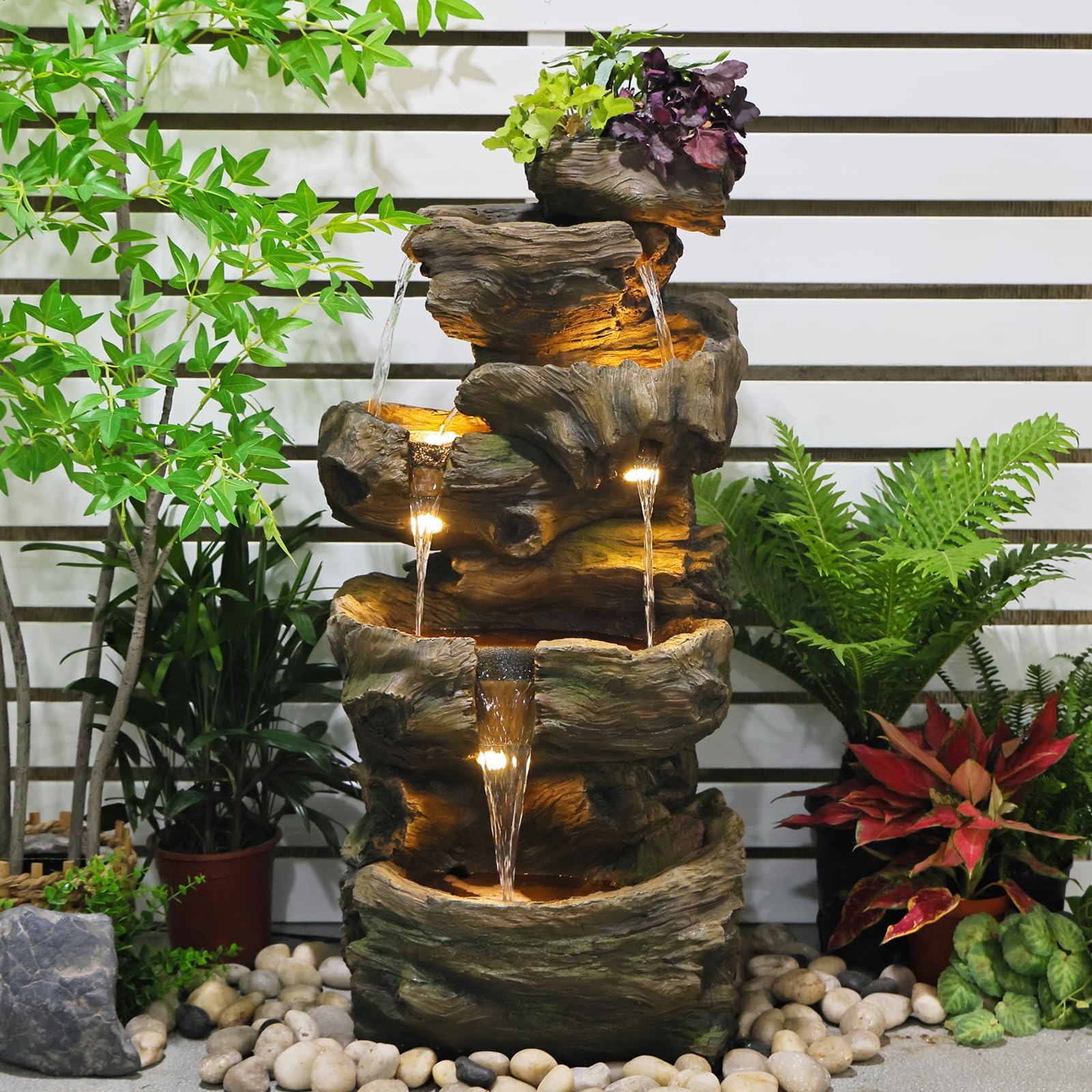 Sunlinua 103 cm H 4-stufiger Gartenbrunnen im Felsen-Look mit LED, Wasserfall und Springbrunnen für Garten, Terrasse, Balkon oder Hof, aus Harz