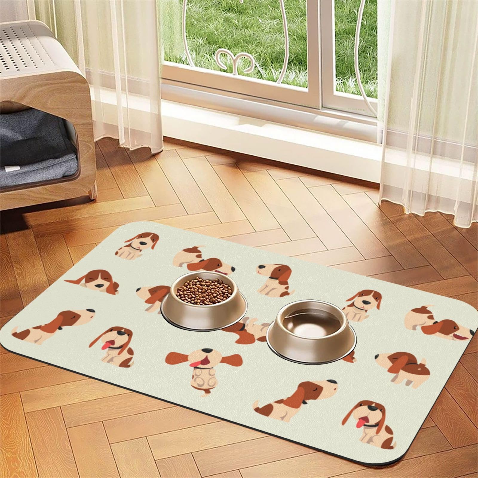 Beagle Absorbent Dog Mats for Food and Water Waterproof Pet Bowl Liner Anti-Slip Dog Feeding Mats Quick Dry Pet Placemat to Protect Floors Cute