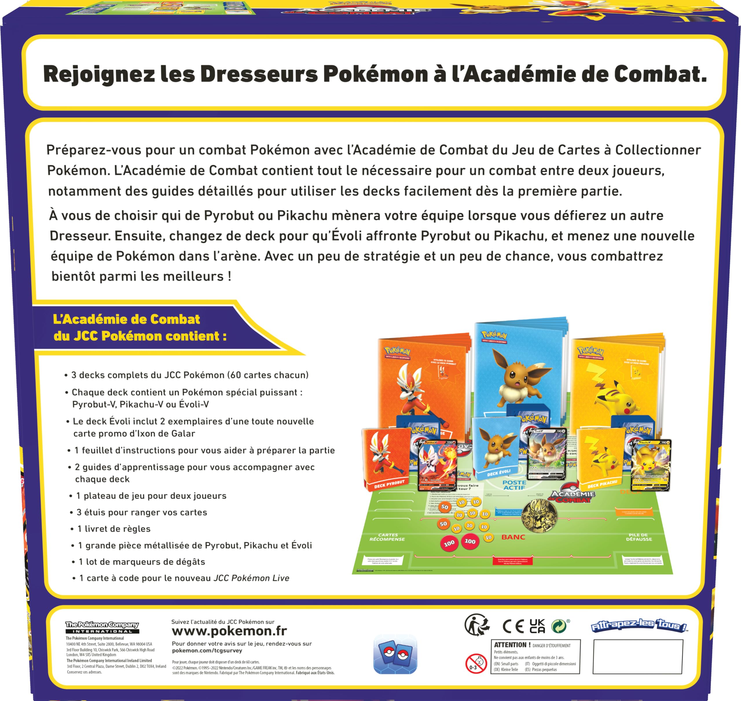 Pokémon Jeu de Cartes à Collectionner Académie de Combat du JCC Pokémon (Pyrobut-V, Pikachu-V et Évoli-V)