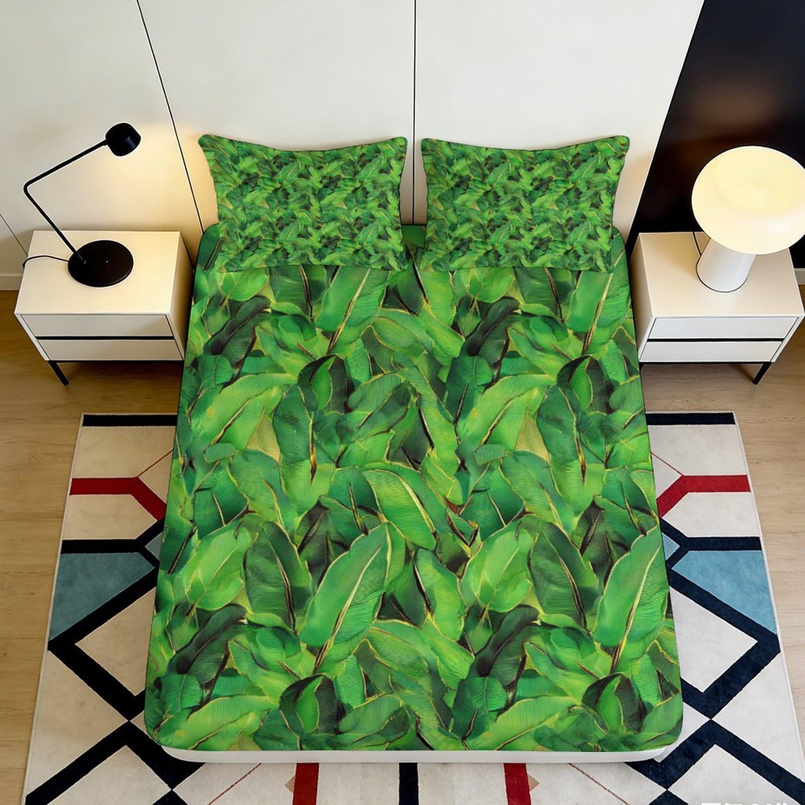 3D Printed Tropical Banana Leaf Fitted Sheet Microfiber Green Botanical Mattress Cover for Bedroom Guest Room Home Decor 90x200x25cm