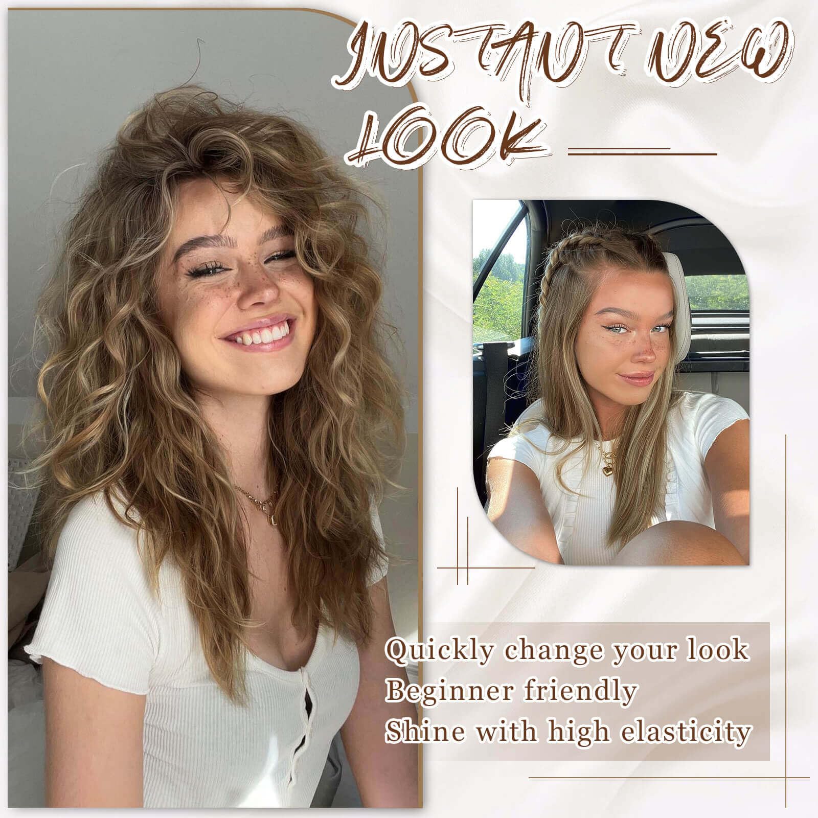 Flyroseing 4PCS Clip in Hair Extension,Dark Brown with Highlights Hair Extensions Clip in 14" Short Curly Hair Extensions Seamless Lace Weft Natural Soft Mermaid Waves Hairpieces for Women - Image 3