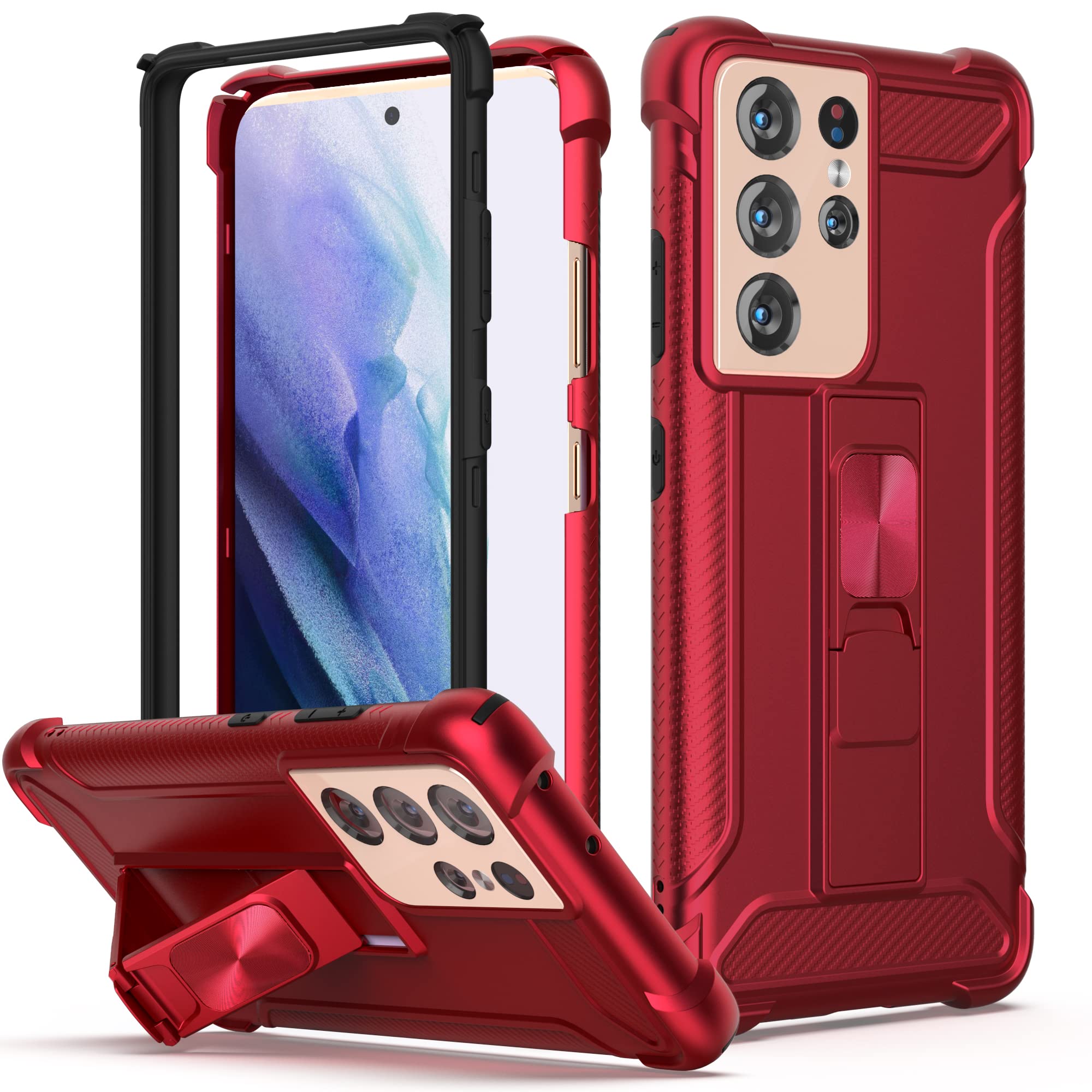 ORETECH for Samsung Galaxy S21 Ultra Case, 3 in 1 [Soft Front Case + Hard Back Case + Built-in Phone Holder] Anti Silp Heavy Duty Shockproof Bumper Cover for Samsung S21 Ultra 5G (2021) - Red