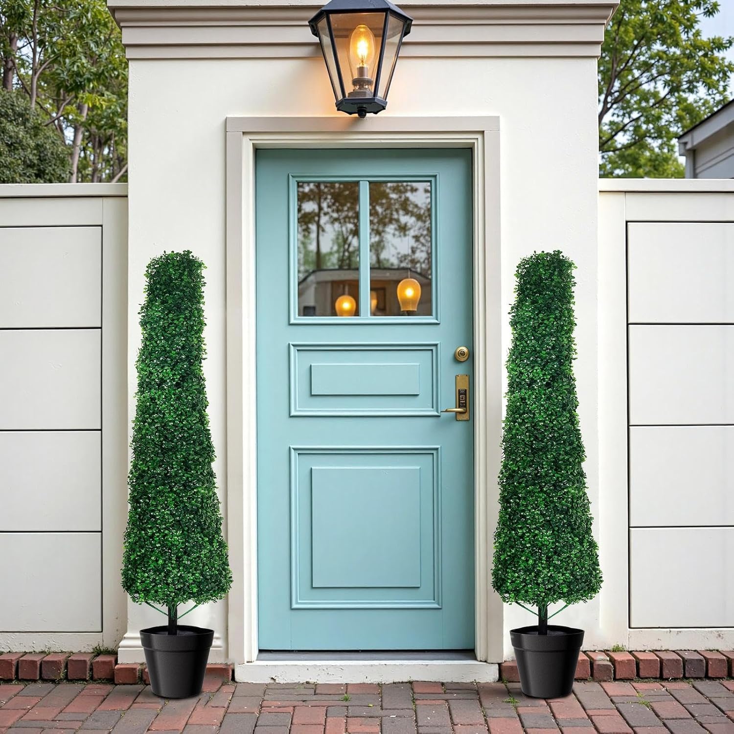 4FT Artificial Boxwood Topiary Trees Set of 2, Faux Potted Green Evergreen Shrubs for Outdoor Porch Patio Garden Decor, Indoor Entryway Front Door Plants