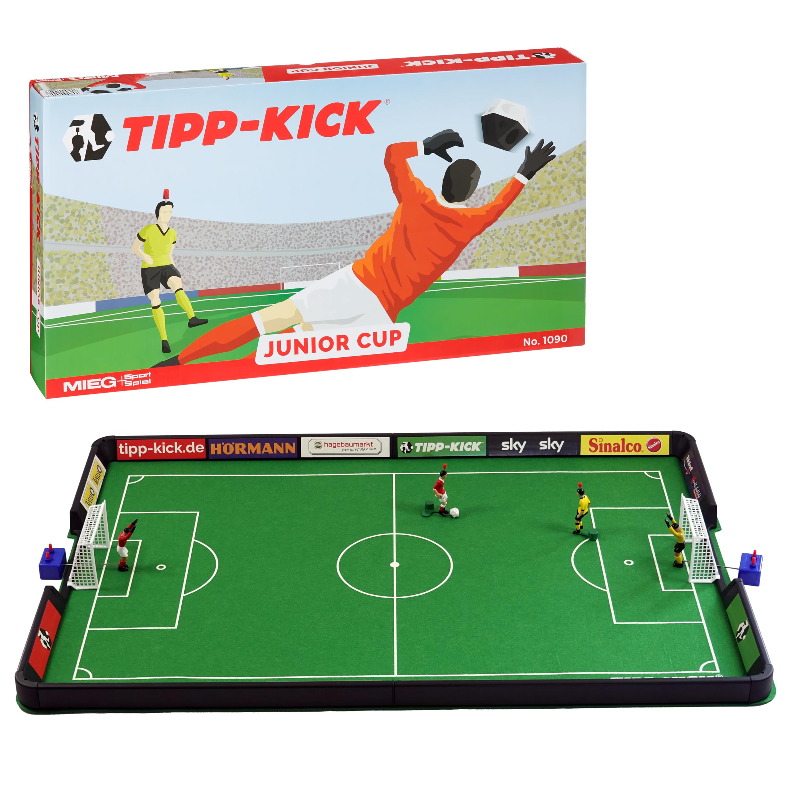 TIPP-KICK Junior Cup con Borde 82x56 cm – Futbolín Listo para Jugar con 2X Jugadores, 2X guardametas, 2X porterías de plástico, 2X balones I Terreno de Juego Hecho de Fieltro