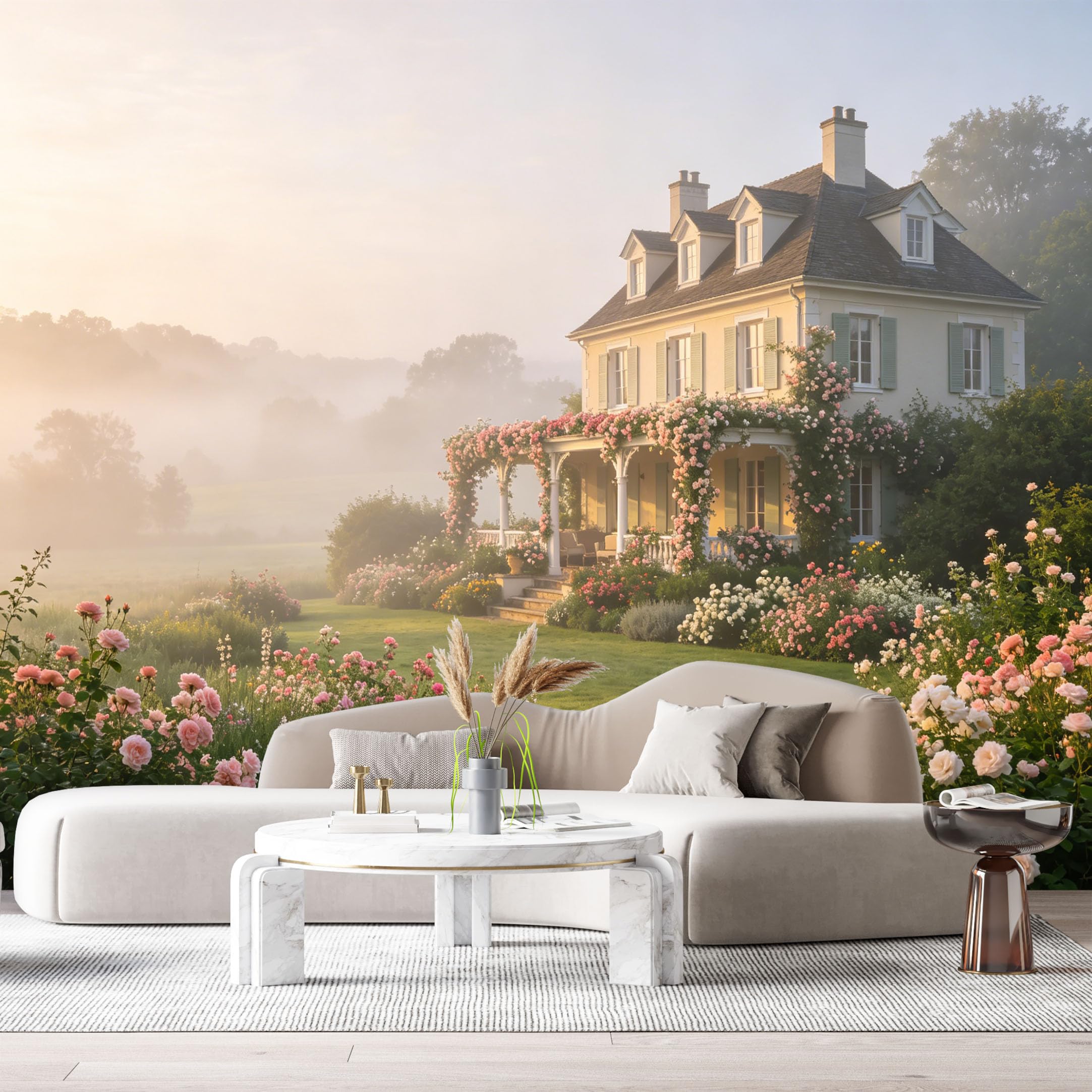 Custom Size Wall Murals Farmhouse American Country Floral Rose Garden Morning Mist Landscape SelfAdhesive Wall Fabric Removable Large Wallpaper for Photo Living Room