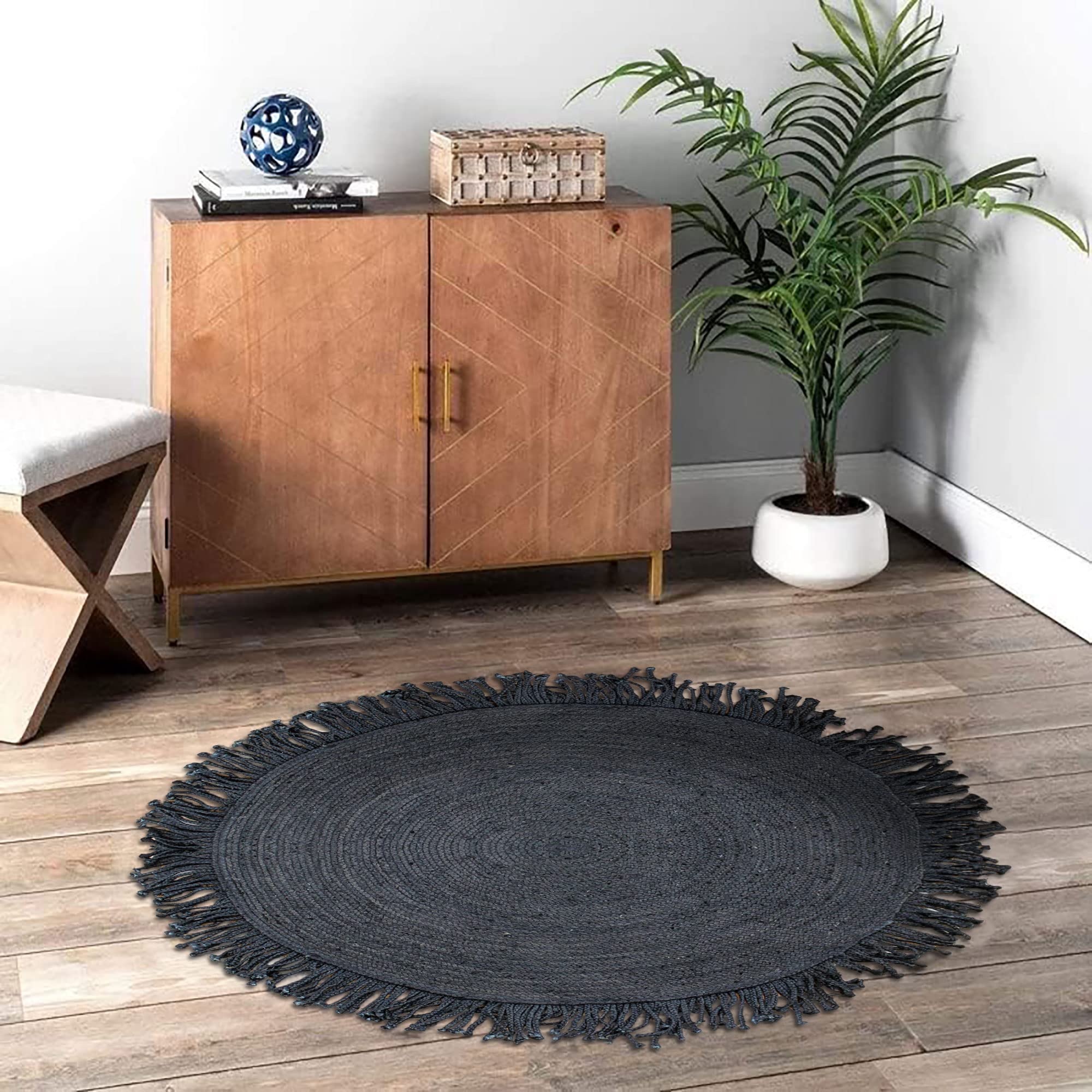 Tapis Chindi en coton noir fait main avec tressage artisanal pour salon et cuisine