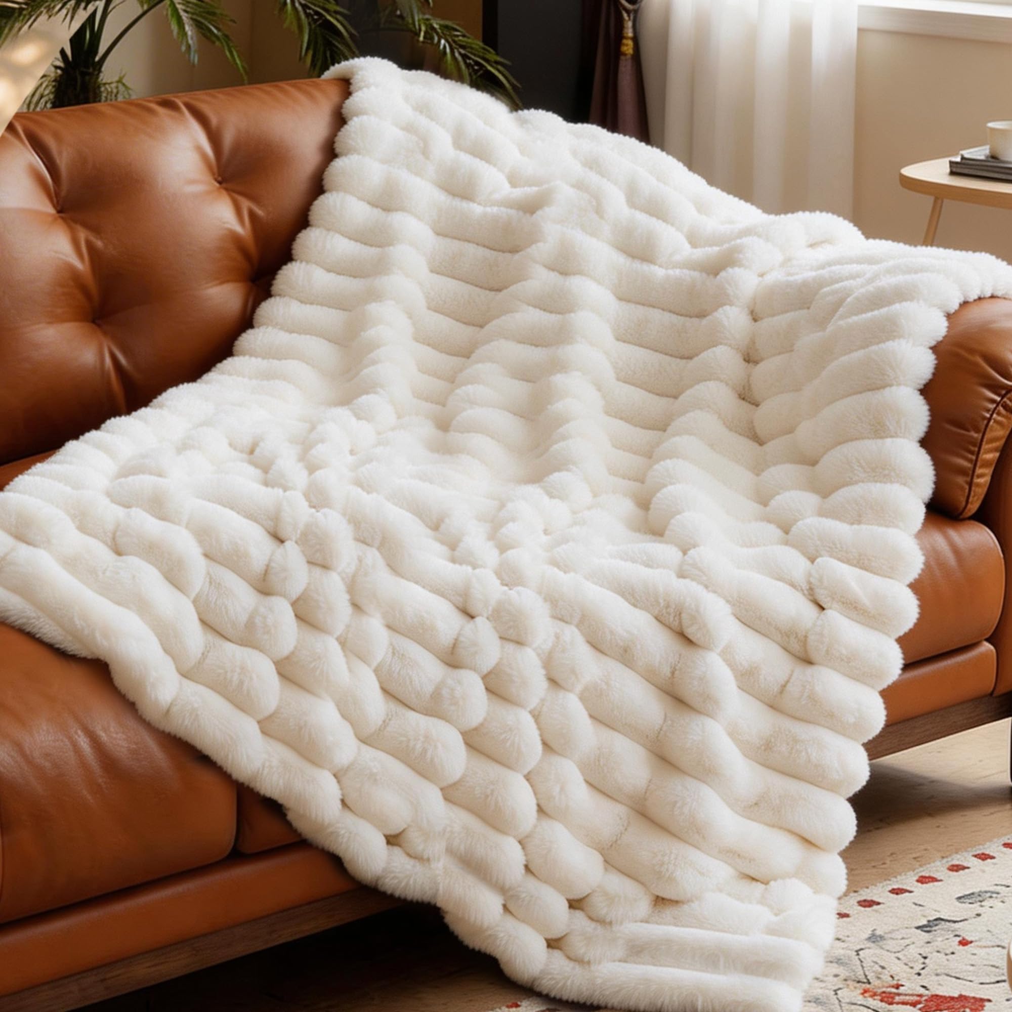 VFROO Faux Fur Twin Blanket for Couch,Cozy Soft Plush Thick Striped Luxury Blanket for Sofa Living Room Bedroom,60 * 80 Inches, White
