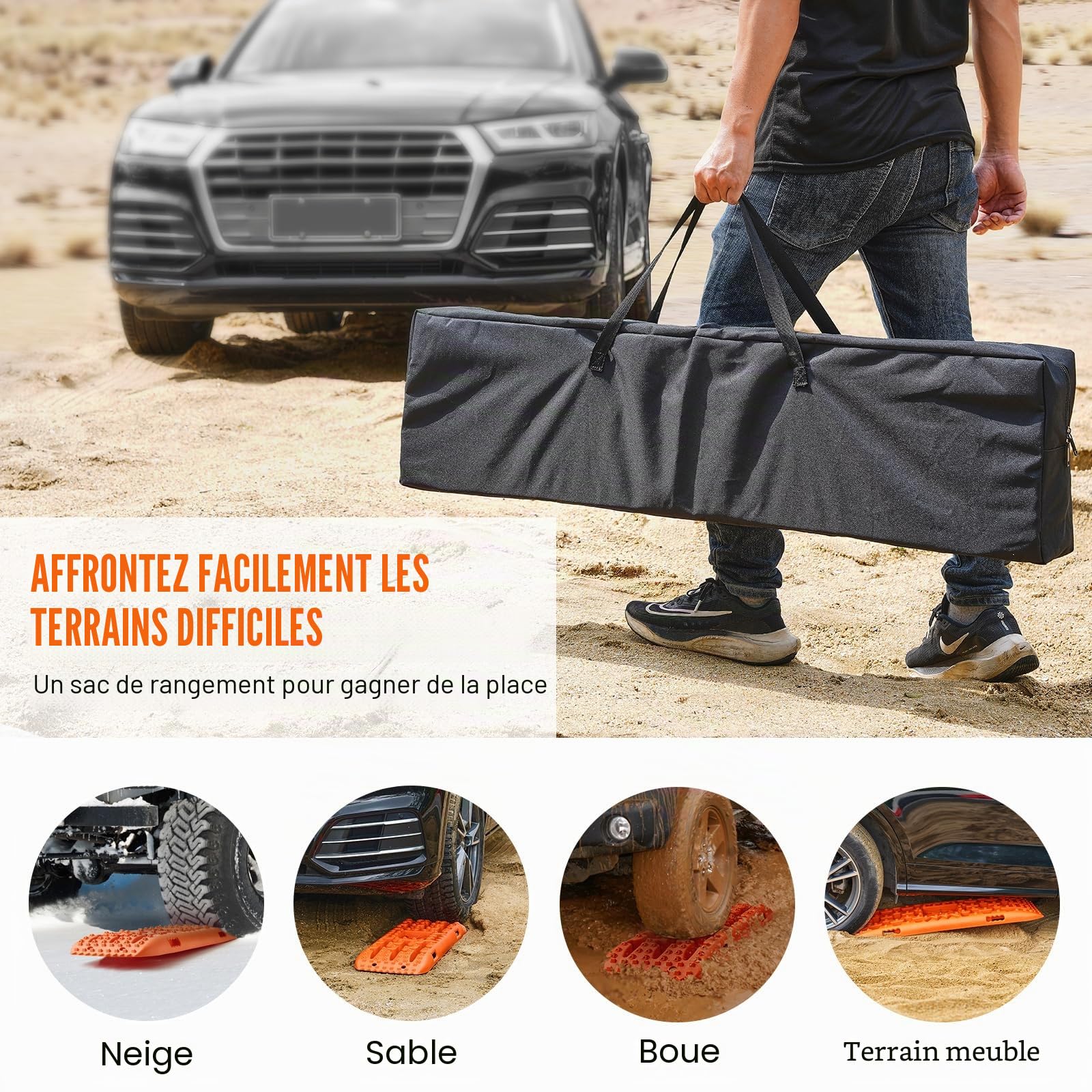 VEVOR Plaque de Désenlisement 10 T avec PP, Tapis de Traction pour Tout-Terrain/Voiture/Pick-up/SUV/Camping-Car, Planche de Récupération de Sable Boue Neige, Sac de Rangement, Long, Orange, 2PCs