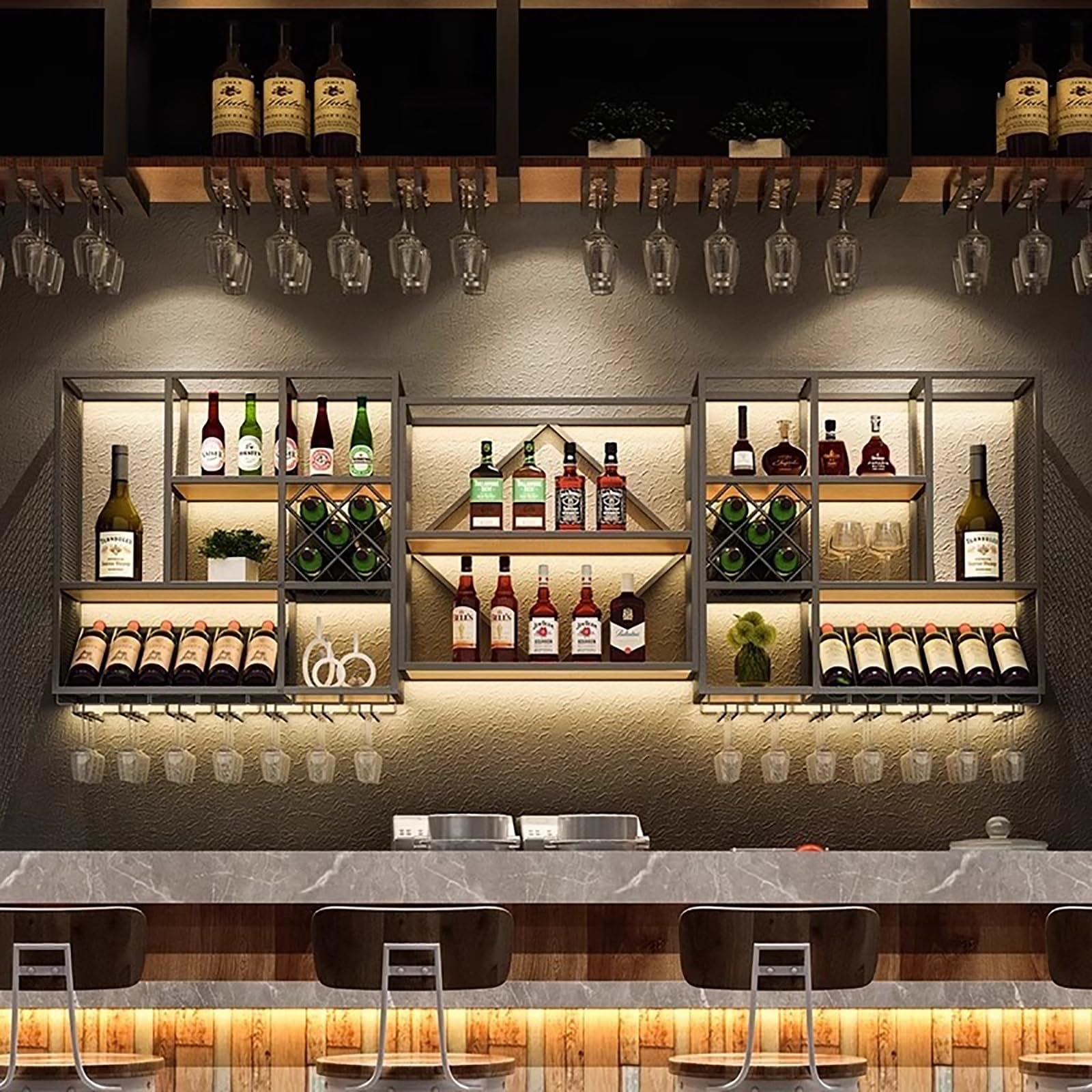 Botellero Pared para Botellas, Soporte para Botellas De MetalCon Luz LED, Estante De Vino Montado En La Pared para Botellas, Enfriador De Vino Montado En La Pared(Black,240 * 25 * 120CM)