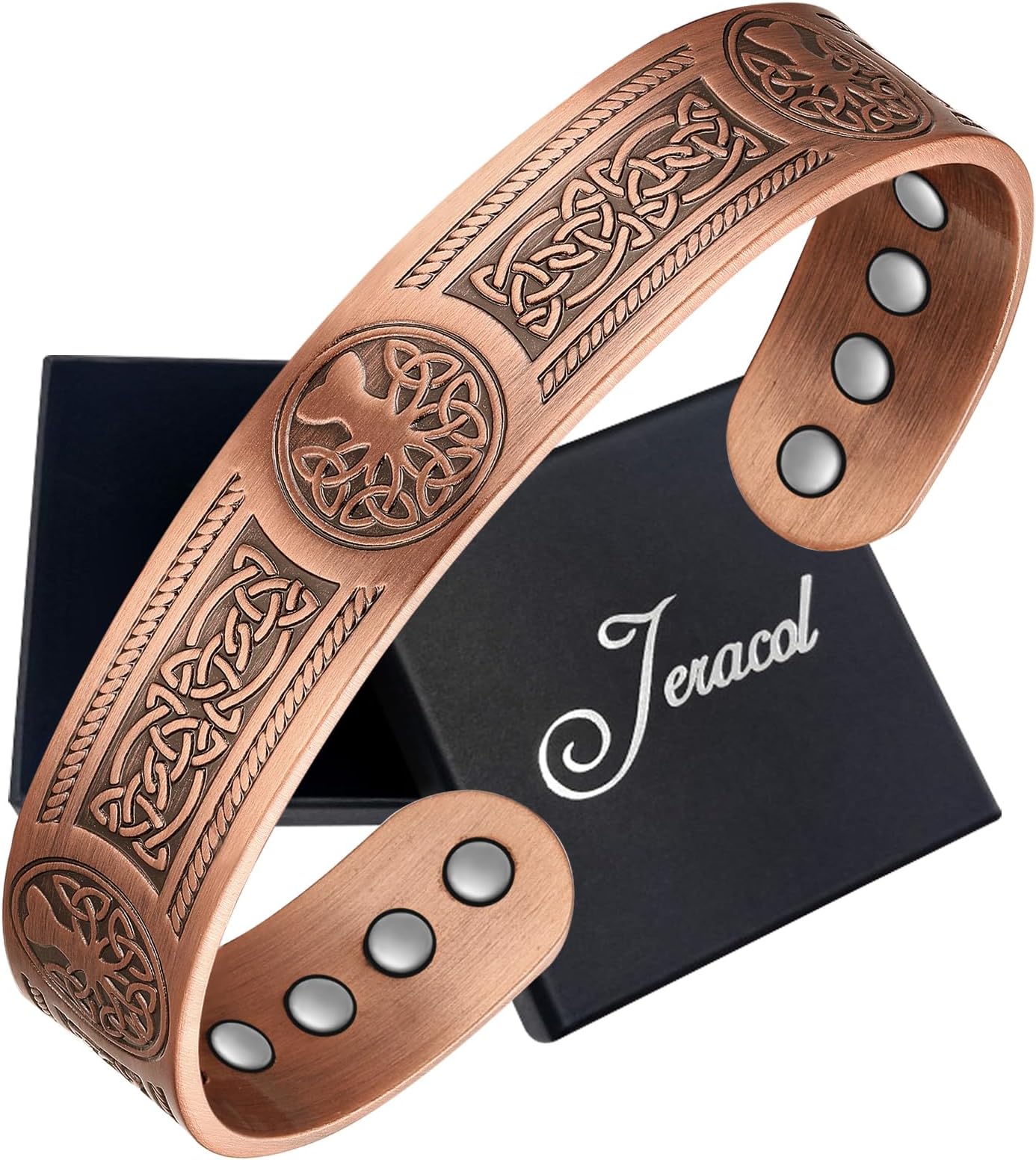 Jeracol Copper Bracelets for Men Women,Tree of Life and Celtic Knot Design Copper Magnetic Bracelets Cuff Bangle with 12pcs Powerful Magnets(Each 3800 Gauss), Brazaletes Jewelry with Gift Box