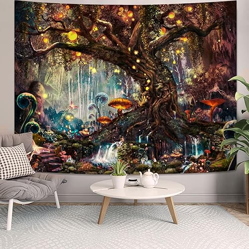 Miniatura 4 de YEXIT Tapiz de bosque mágico de cuentos de hadas, árbol de la vida con elfos, tapiz de paisaje para colgar en la pared para sala de estar,
