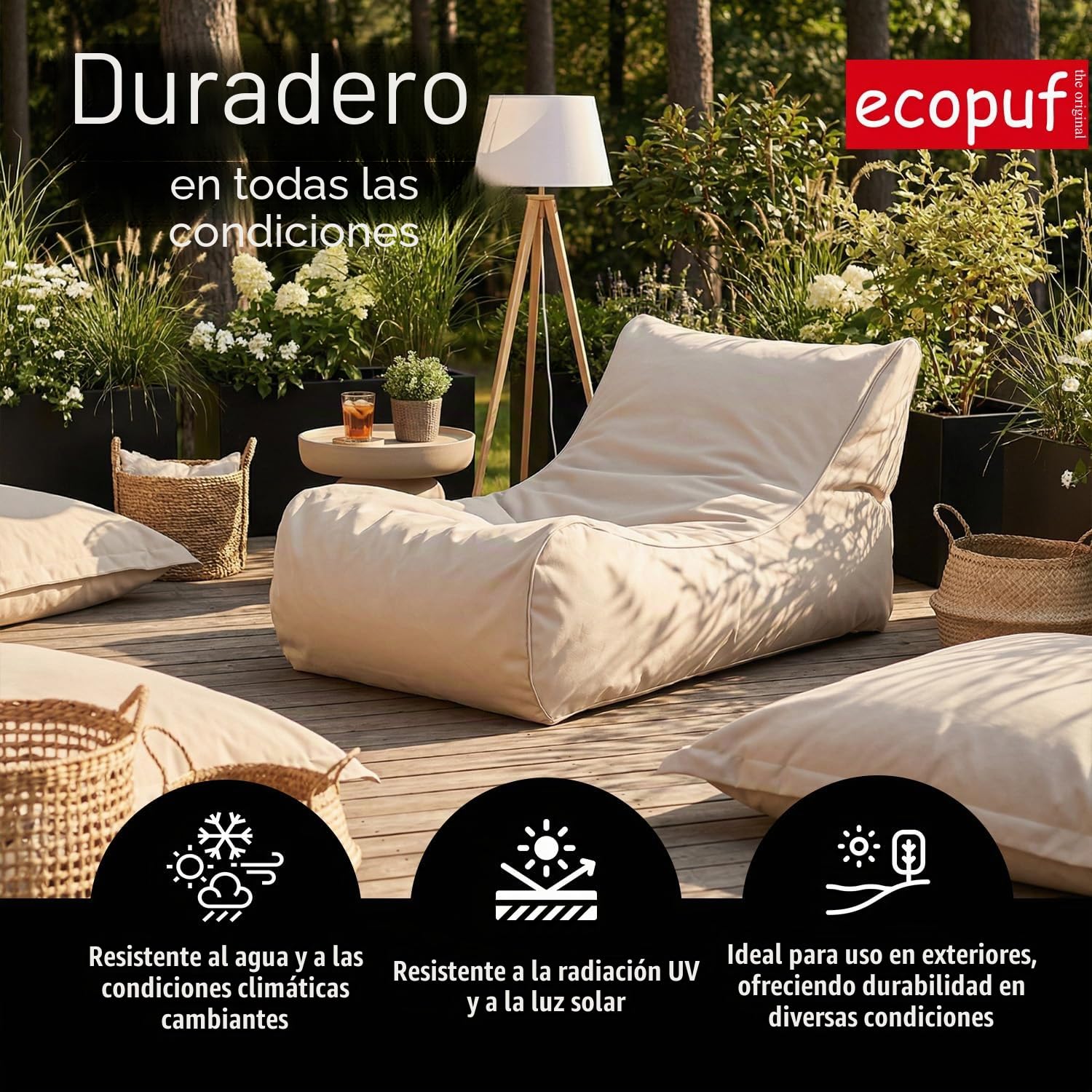 Ecopuf - Master Pouf Sillón Chaise Longue para Exterior - Saco de puf con Compartimento y asa - Saco de Tela Robusta - Sillón Relajante - Mobiliario doméstico - 115x65x60cm, Gris Claro M18